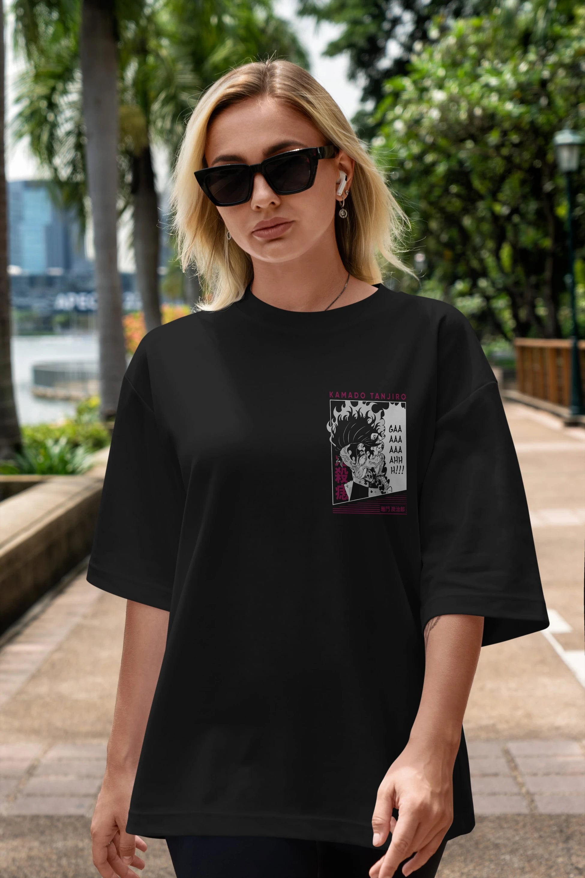 TANJIRO KAMADO 3 Ön Sol Baskılı Oversize t-shirt Erkek Kadın Unisex %100 Pamuk Bisiklet Yaka tişort