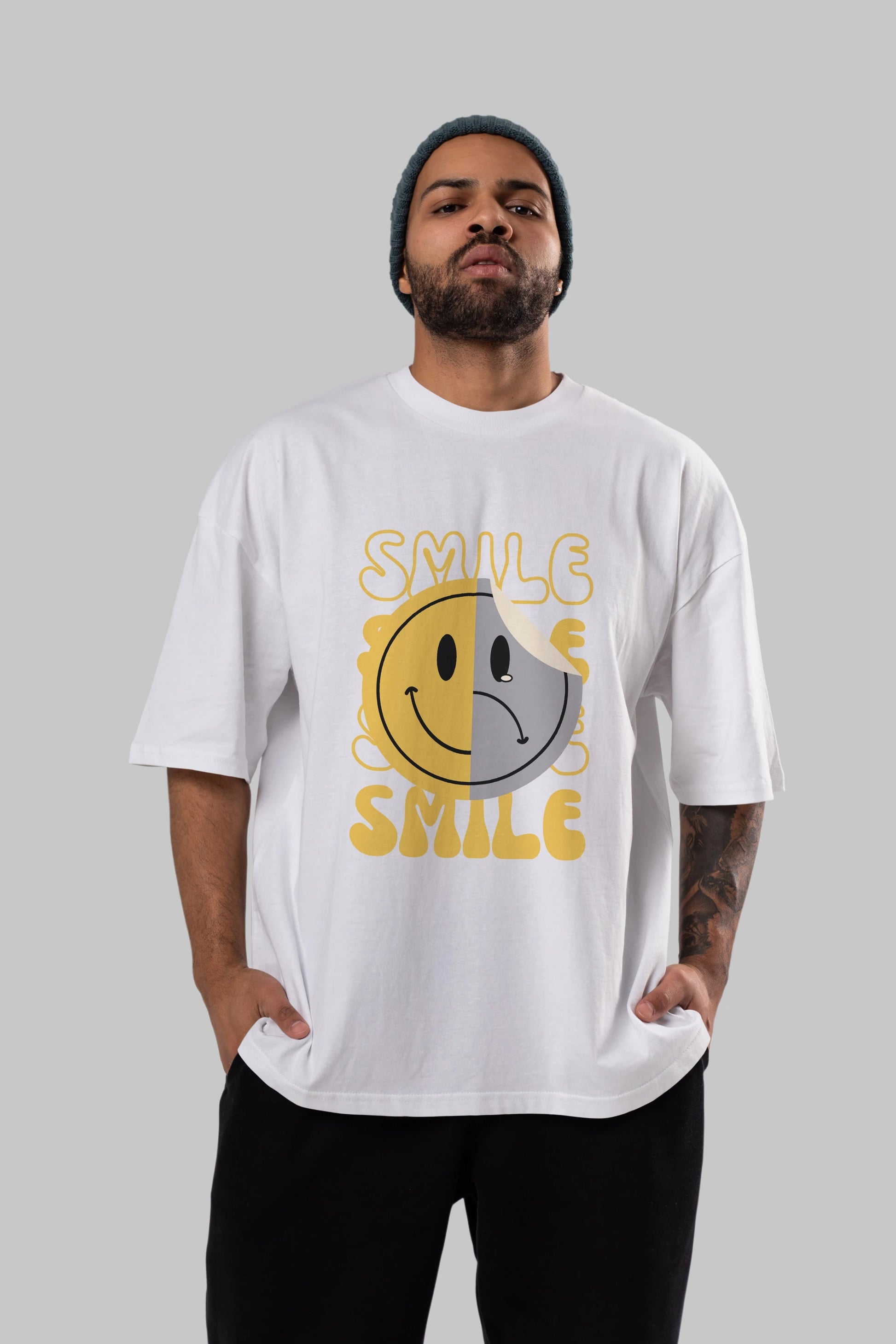 Smile Yazılı Ön Baskılı Oversize t-shirt Erkek Kadın Unisex