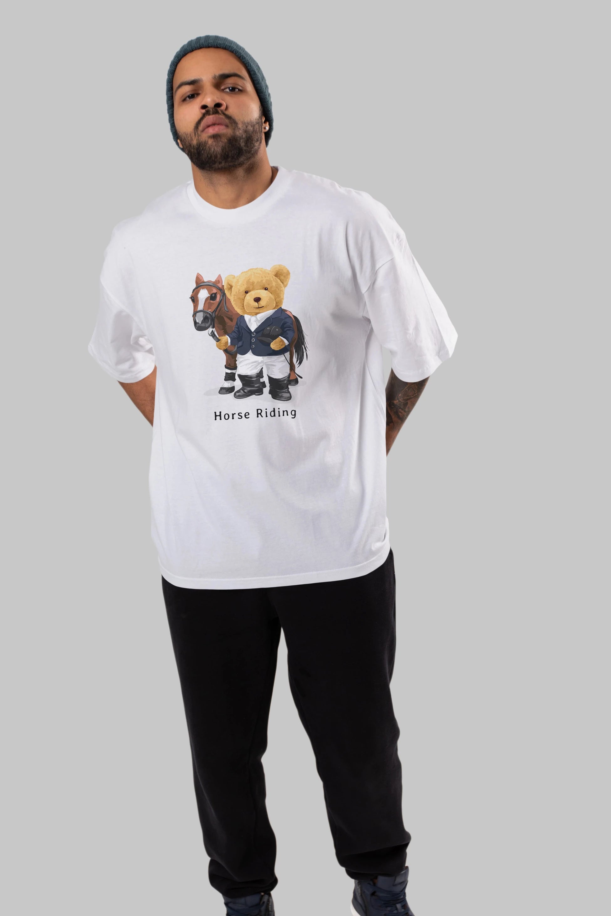 Teddy Bear Horse Riding Ön Baskılı Oversize t-shirt Erkek Kadın Unisex %100 Pamuk
