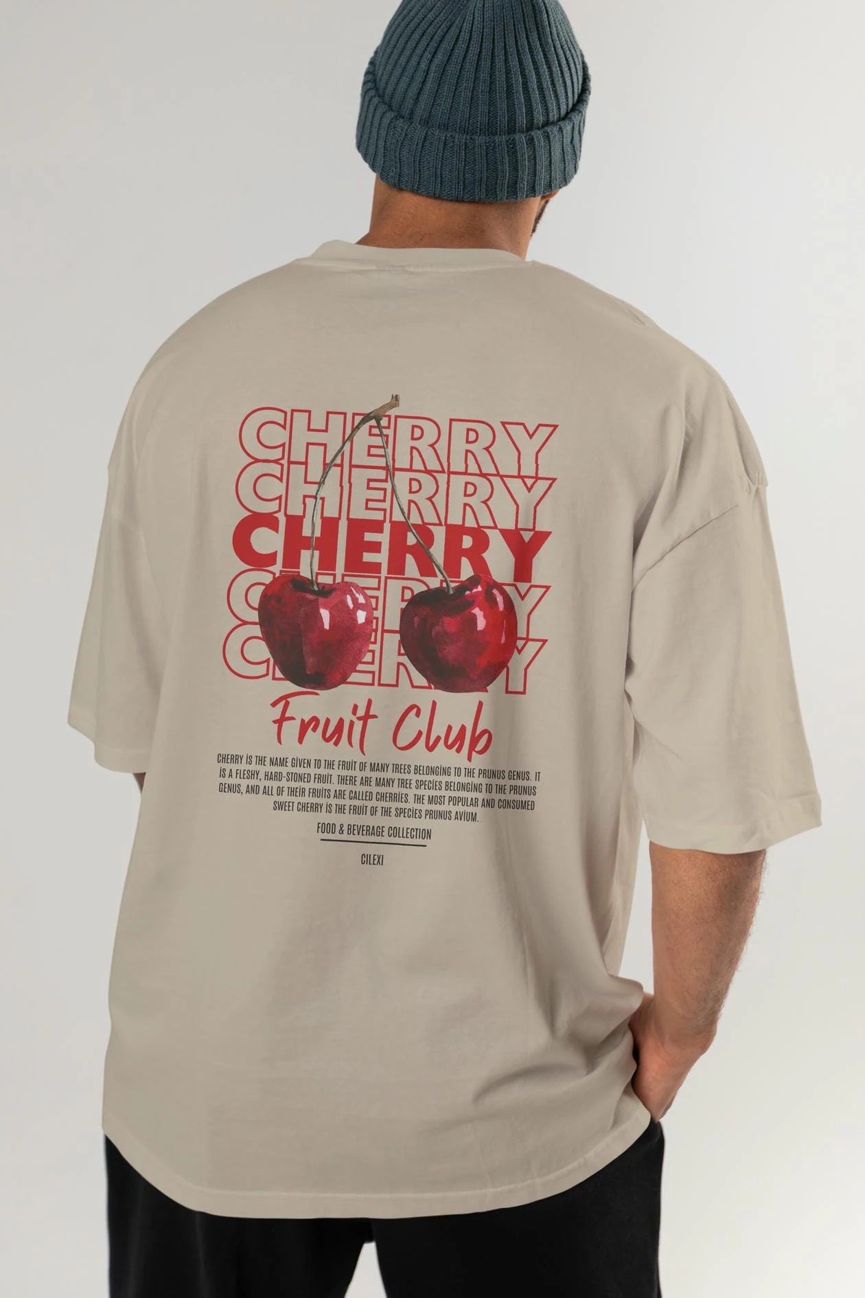 Cherry Arka Baskılı Oversize t-shirt Erkek Kadın Pamuk Bisiklet Yaka tişort