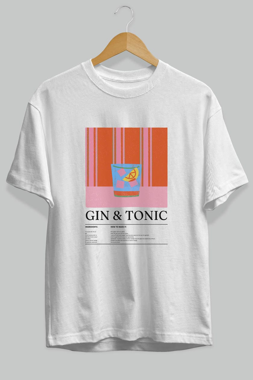 Gin tonic Kokteyl Ön Baskılı Oversize t-shirt Erkek Kadın %100 Pamuk Bisiklet Yaka tişort