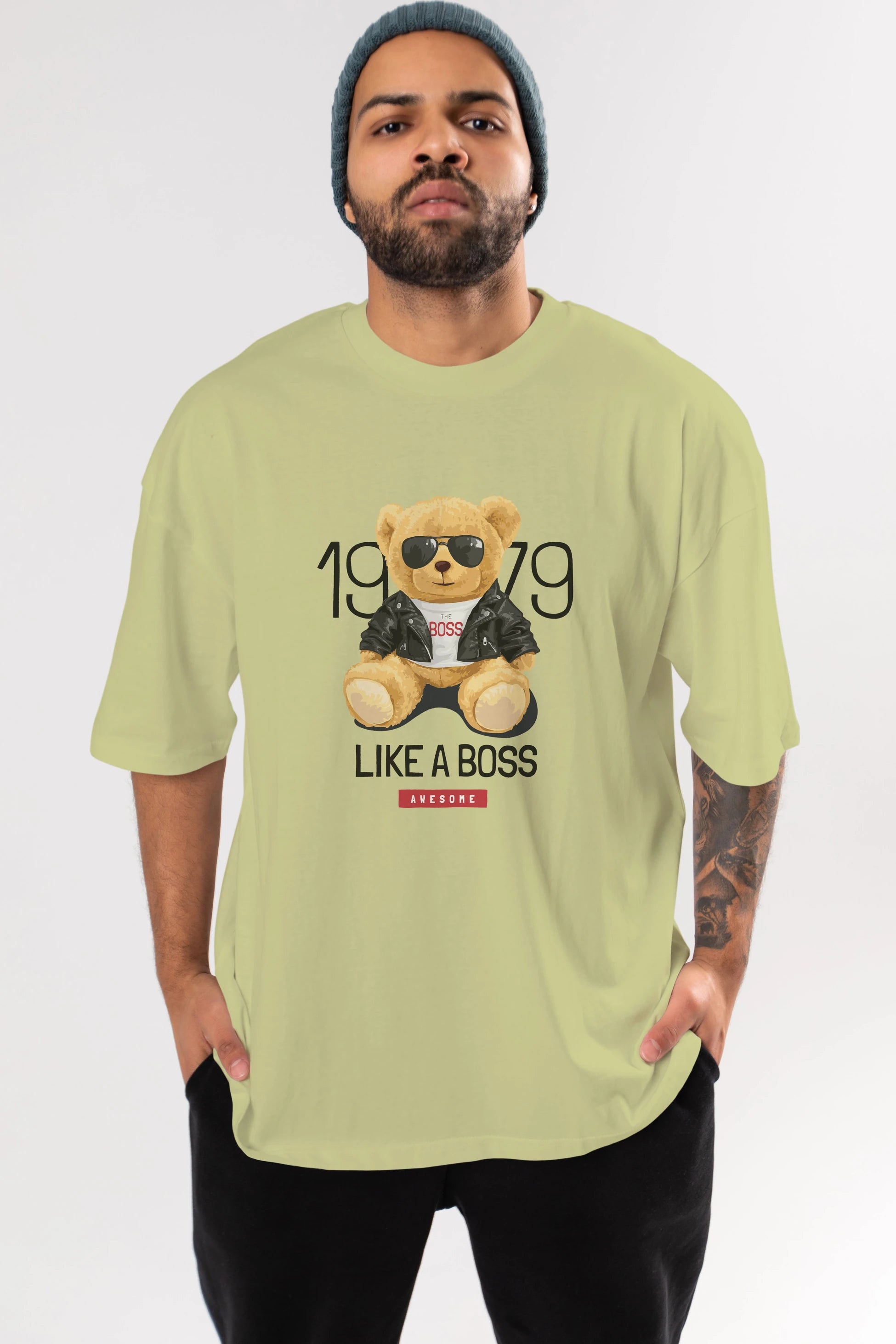 Teddy Bear Like A Boss Ön Baskılı Oversize t-shirt Erkek Kadın Unisex %100 Pamuk
