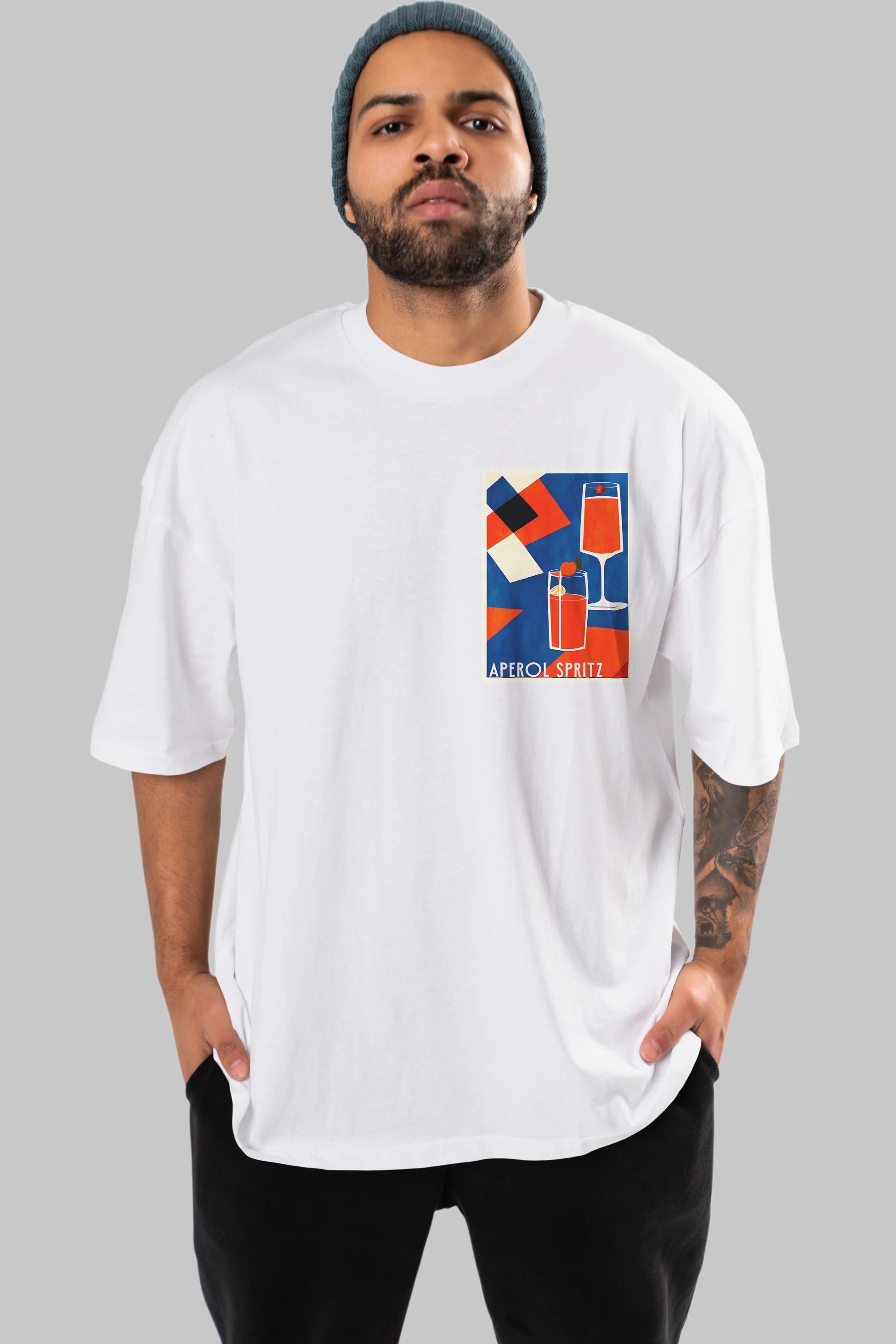 Aperol Spritz 4 Ön Sol Baskılı Oversize t-shirt Erkek Kadın Unisex %100 Pamuk Bisiklet Yaka tişort