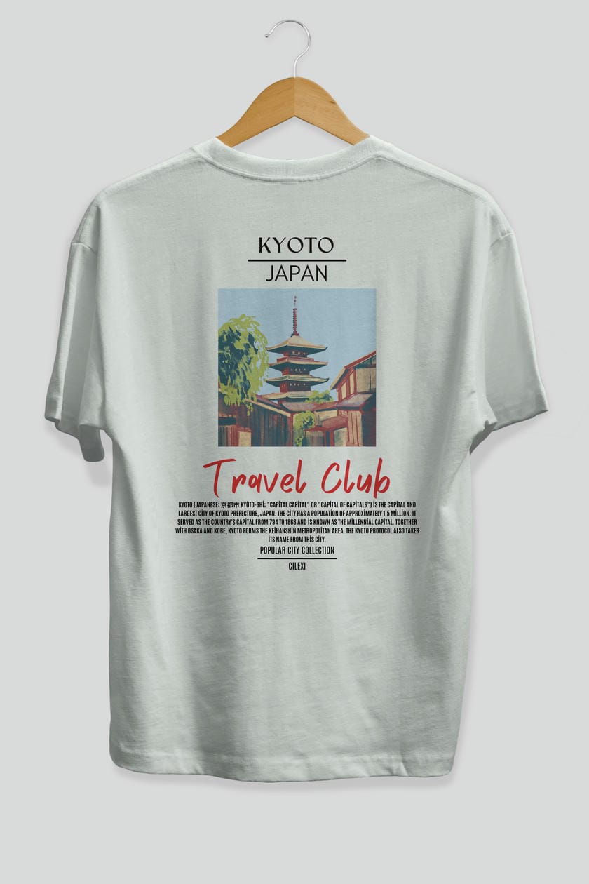Kyoto Japan Arka Baskılı Oversize t-shirt Erkek Kadın Pamuk Bisiklet Yaka tişort