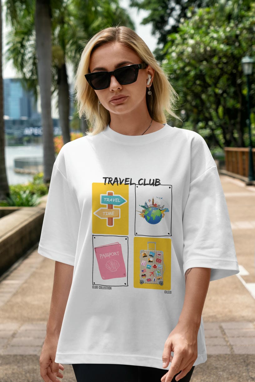 Travel Club ön Baskılı Oversize t-shirt Erkek Kadın %100 Pamuk Bisiklet Yaka tişort