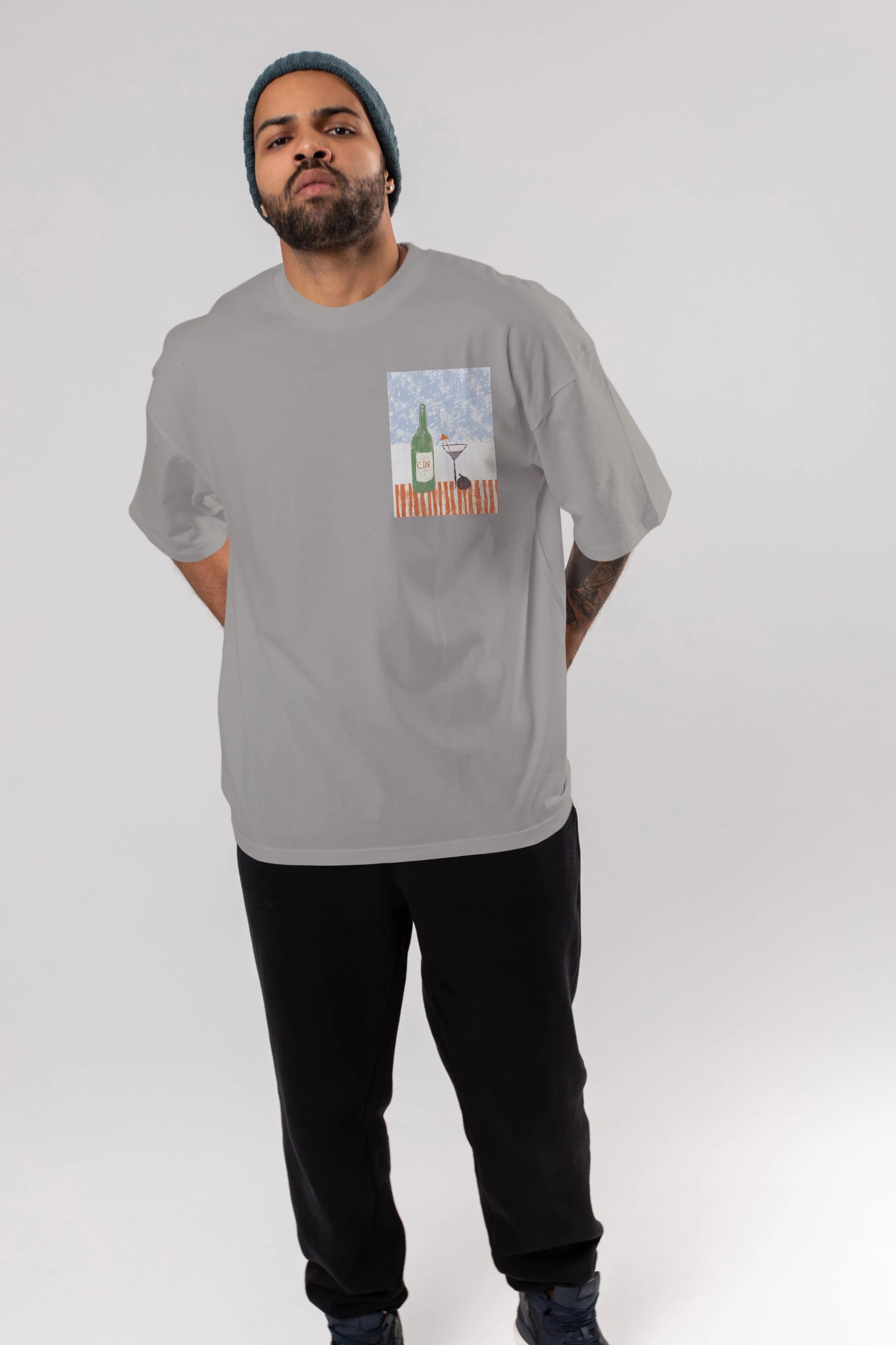 Gin Ön Sol Baskılı Oversize t-shirt Erkek Kadın Unisex %100 Pamuk Bisiklet Yaka tişort