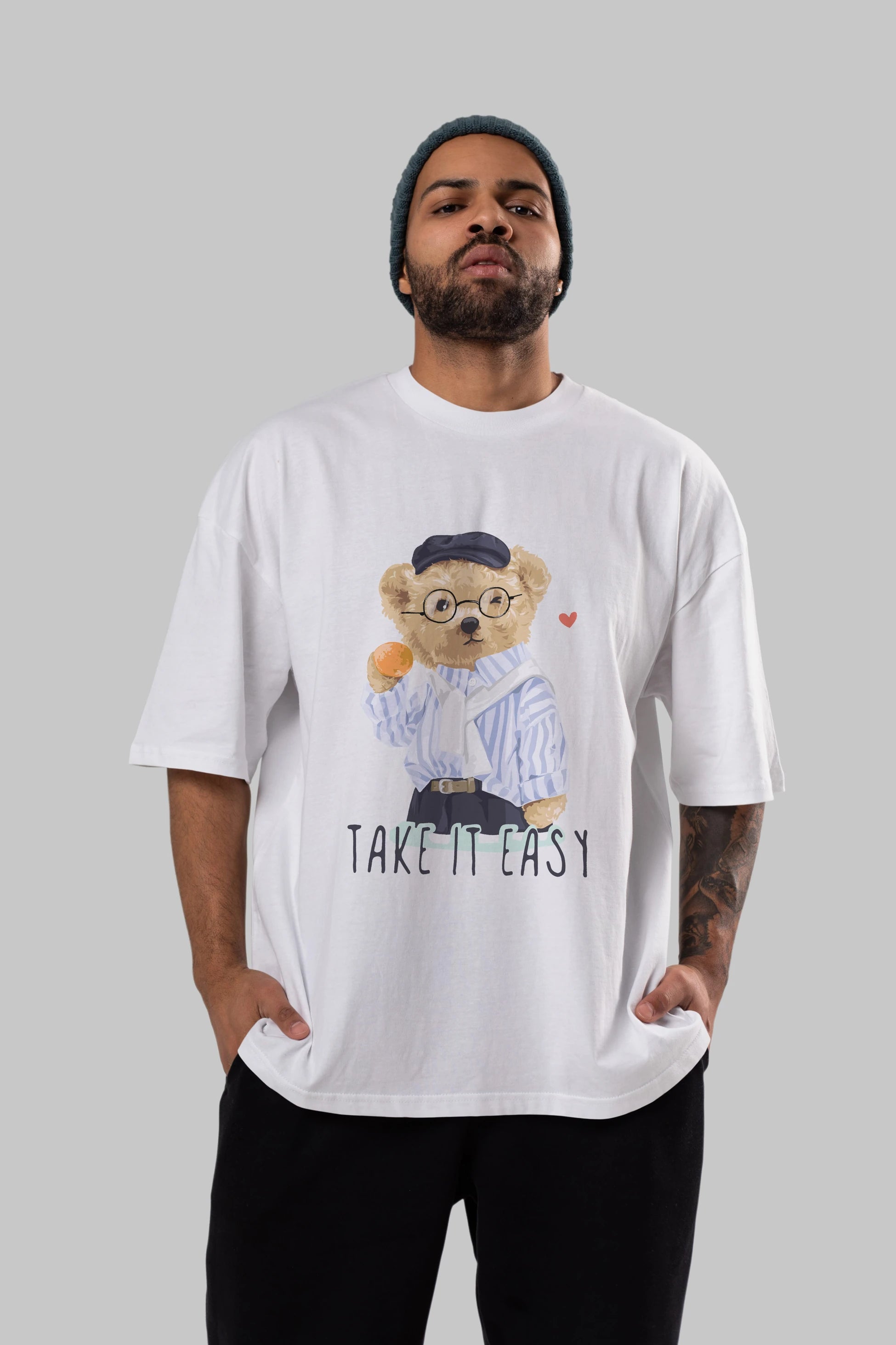 Teddy Bear Take it Easy Ön Baskılı Oversize t-shirt Erkek Kadın Unisex %100 Pamuk