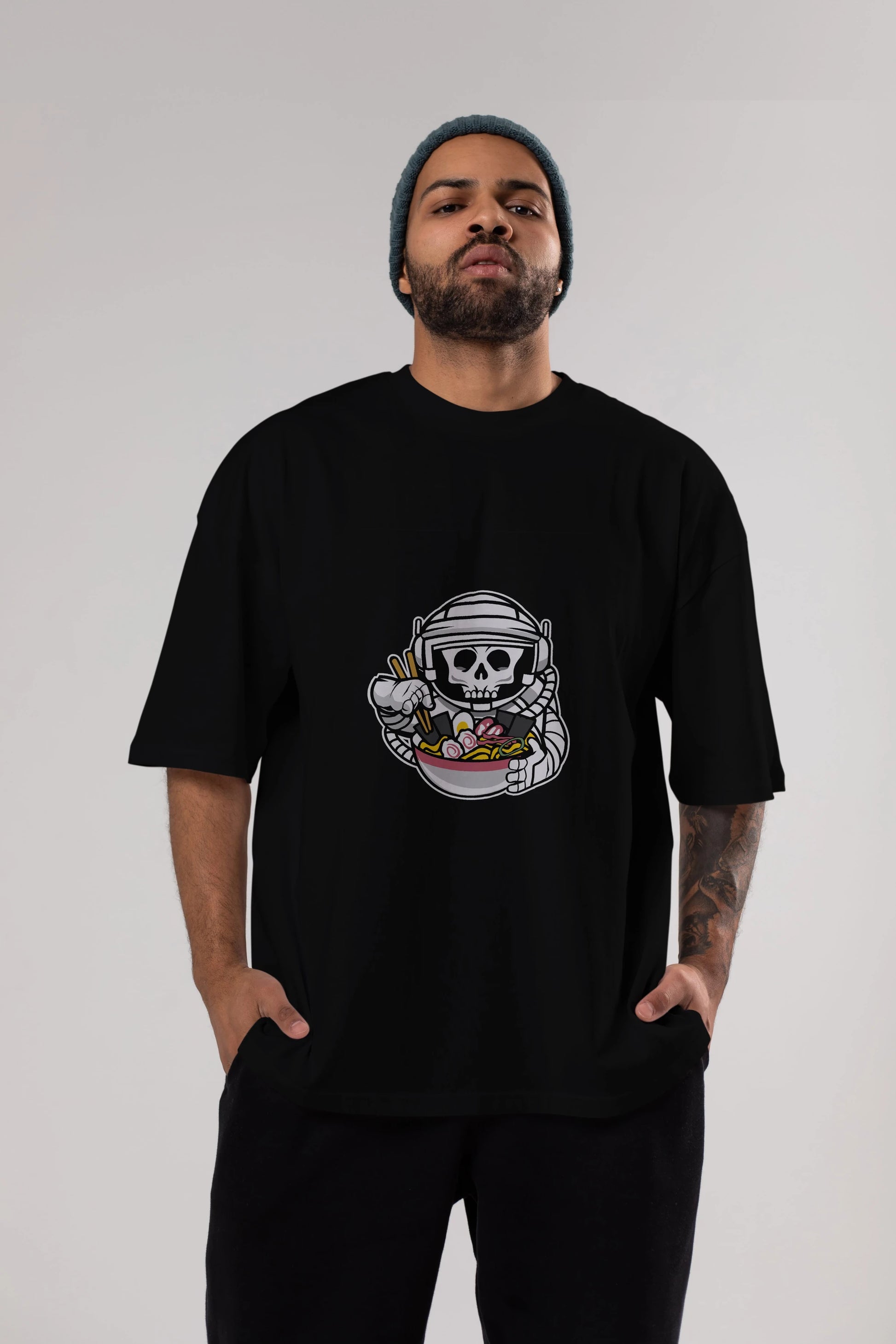 Astronaut Ramen Ön Baskılı Oversize t-shirt Erkek Kadın Unisex %100 Pamuk tişort