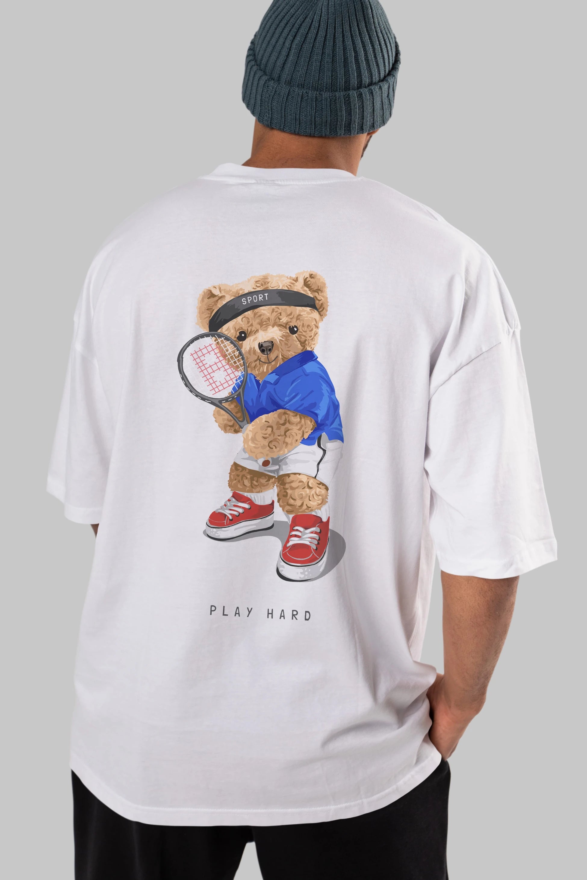 Teddy Bear Play Hard Arka Baskılı Oversize t-shirt Erkek Kadın Unisex %100 Pamuk
