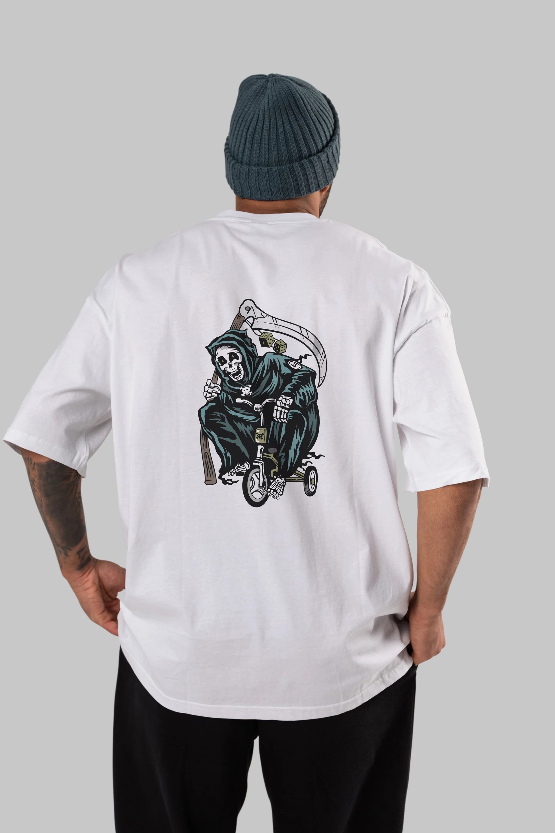 Grim Reaper Bicycle Arka Baskılı Oversize t-shirt Erkek Kadın Unisex %100 Pamuk tişort