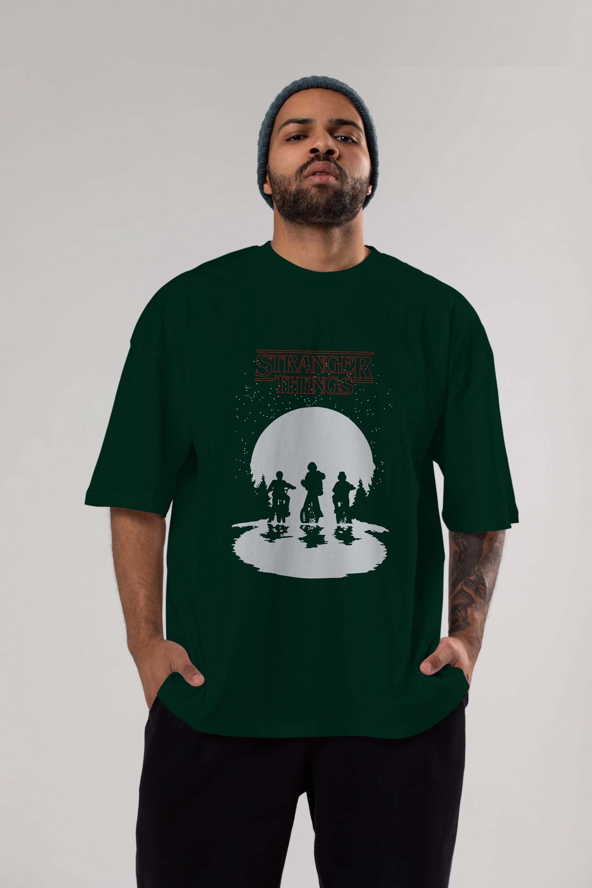 Stranger Things Ön Baskılı Oversize t-shirt Erkek Kadın Unisex %100 Pamuk Bisiklet Yaka tişort