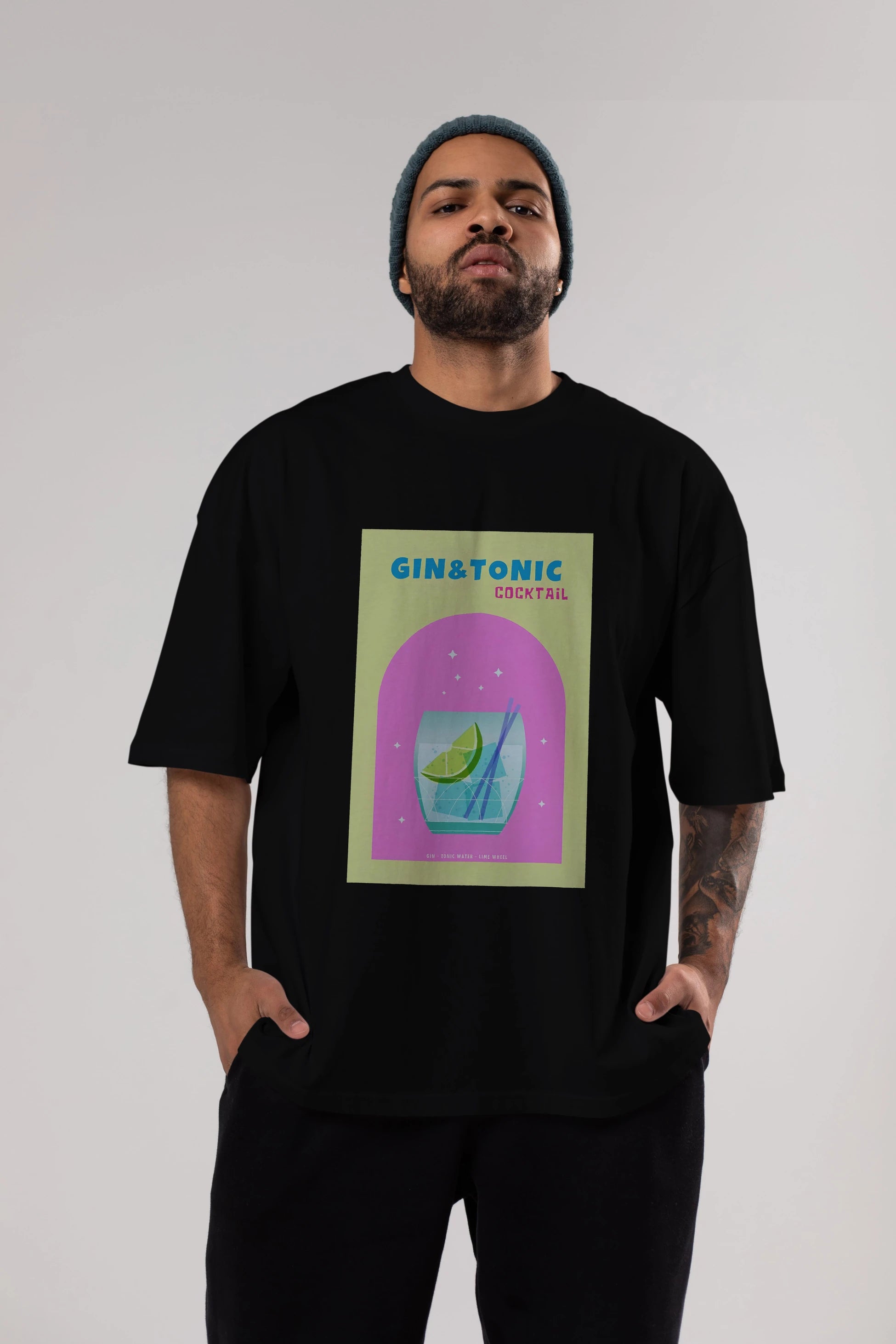 Gin Tonic Cocktail Ön Baskılı Oversize t-shirt Erkek Kadın Unisex %100 Pamuk Bisiklet Yaka tişort