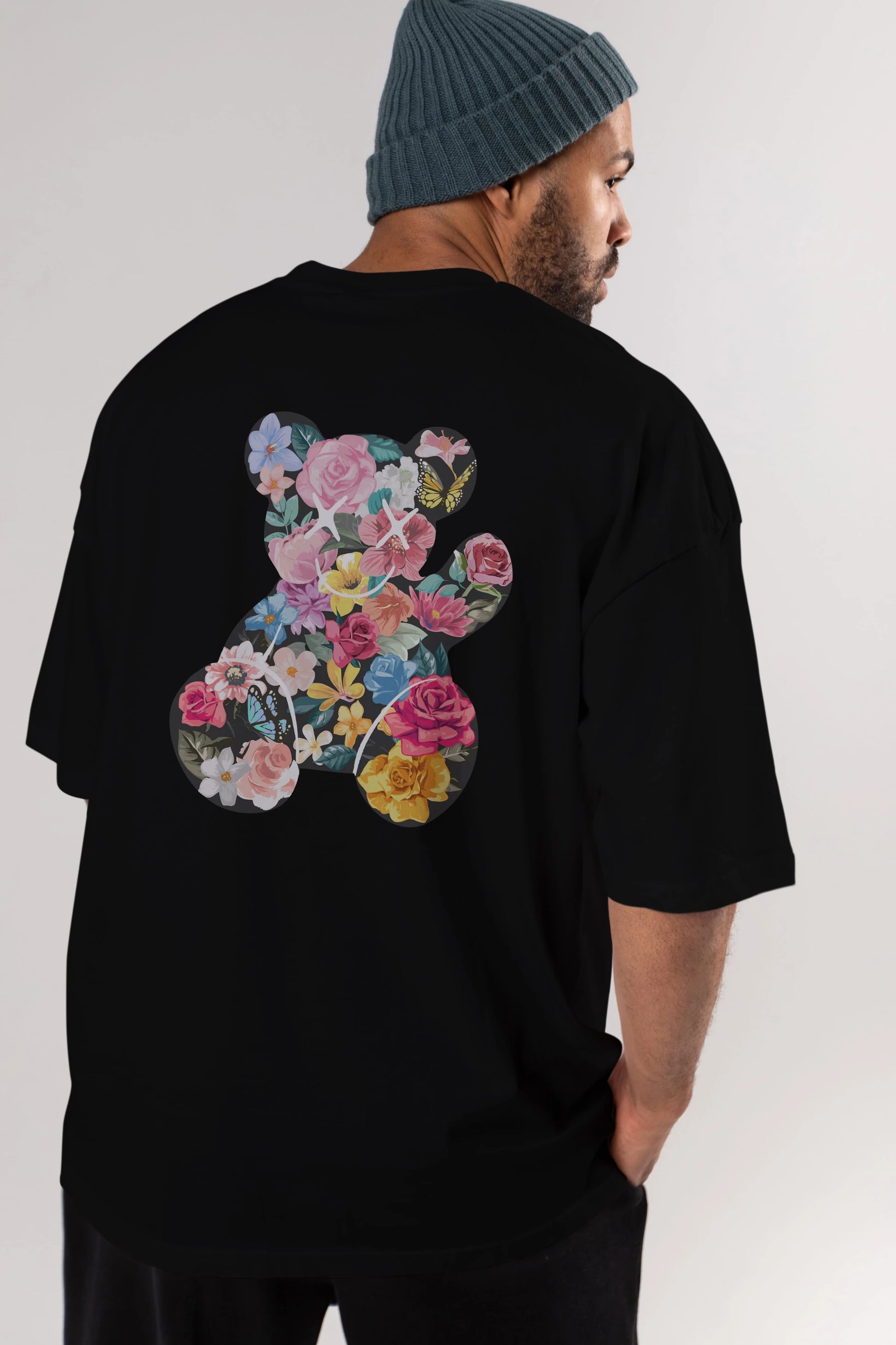 Flowers Bear Arka Baskılı Oversize t-shirt Erkek Kadın Unisex