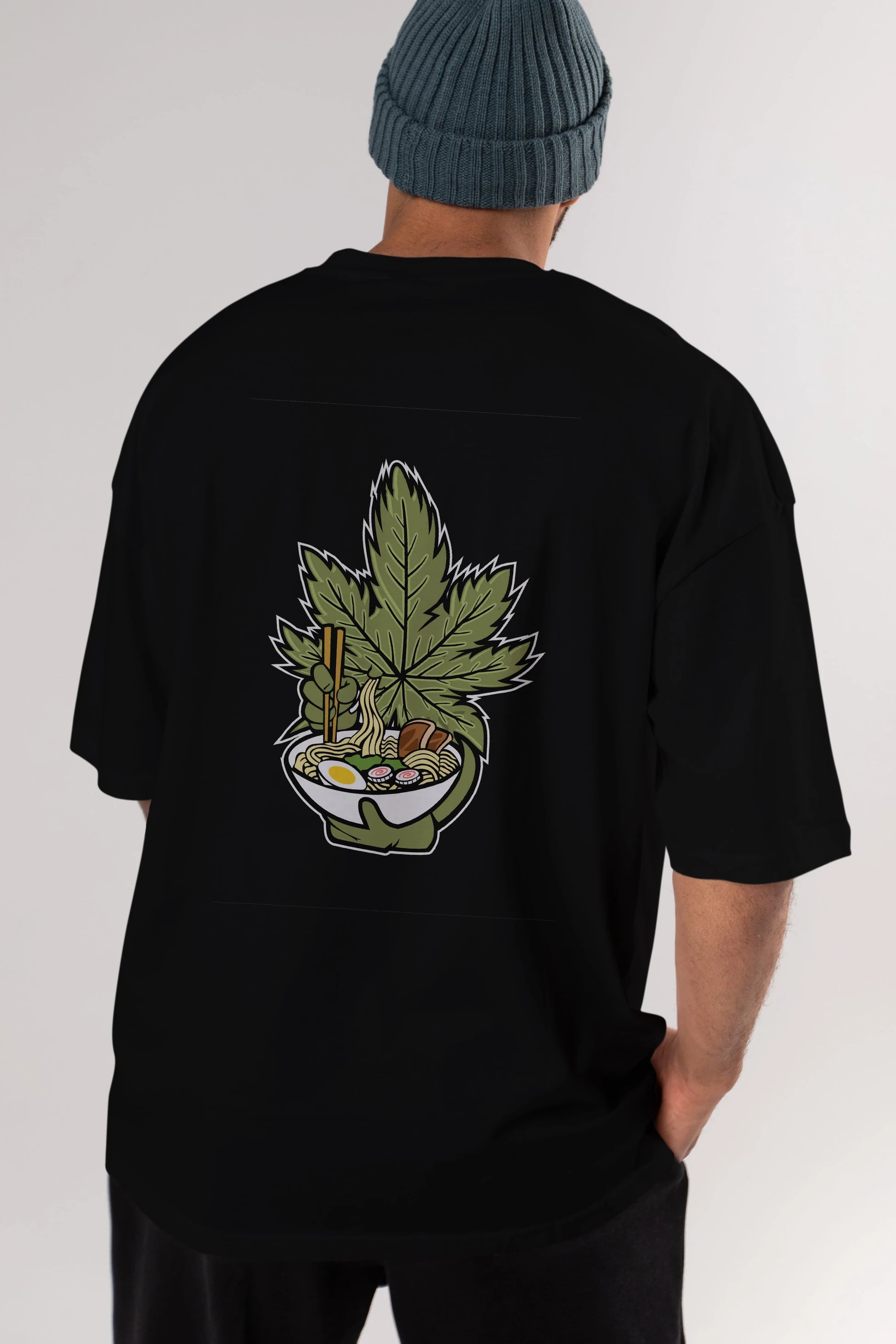 Weed Ramen Arka Baskılı Oversize t-shirt Erkek Kadın Unisex %100 Pamuk tişort