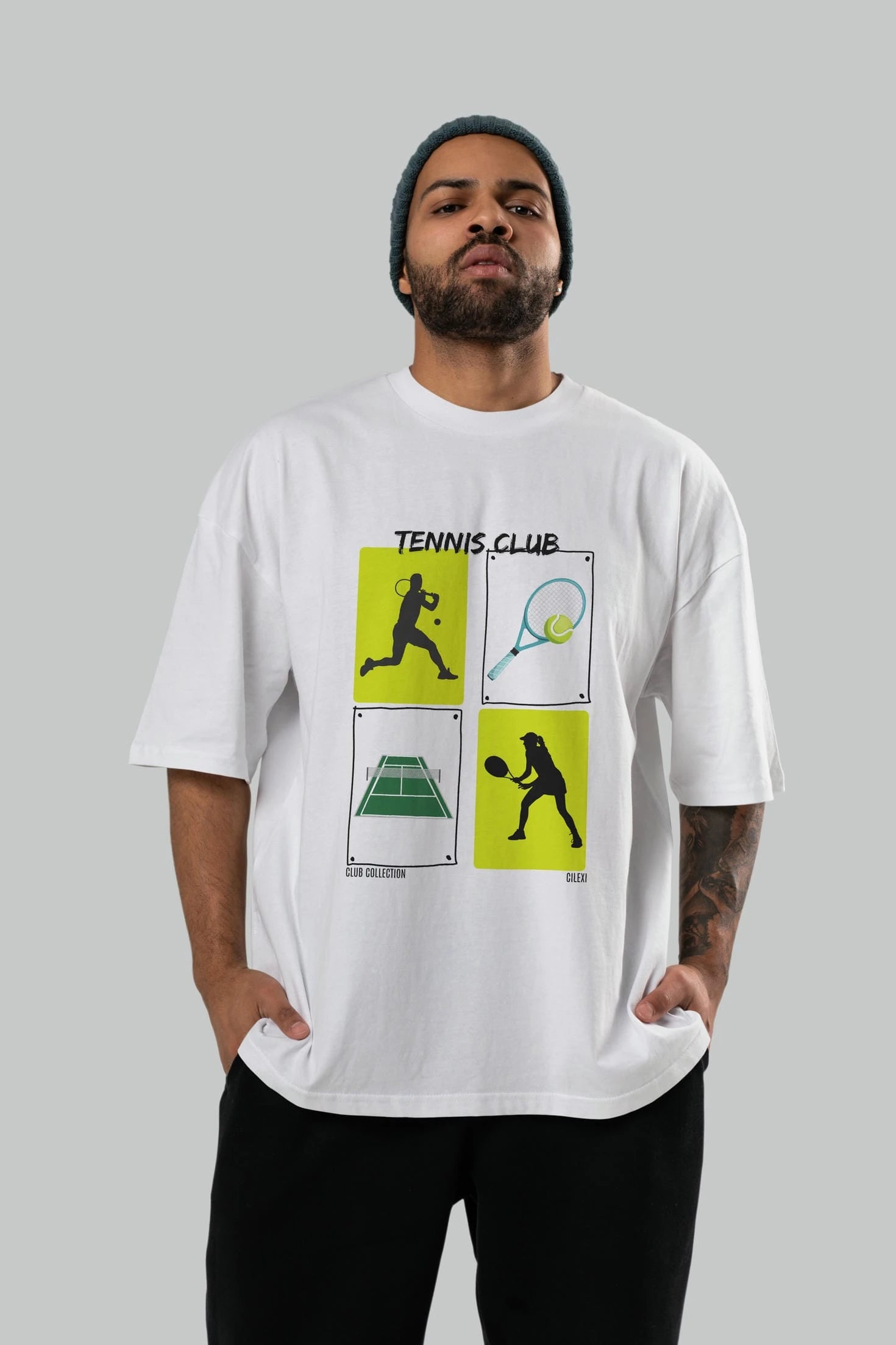 Tennis Club ön Baskılı Oversize t-shirt Erkek Kadın %100 Pamuk Bisiklet Yaka tişort