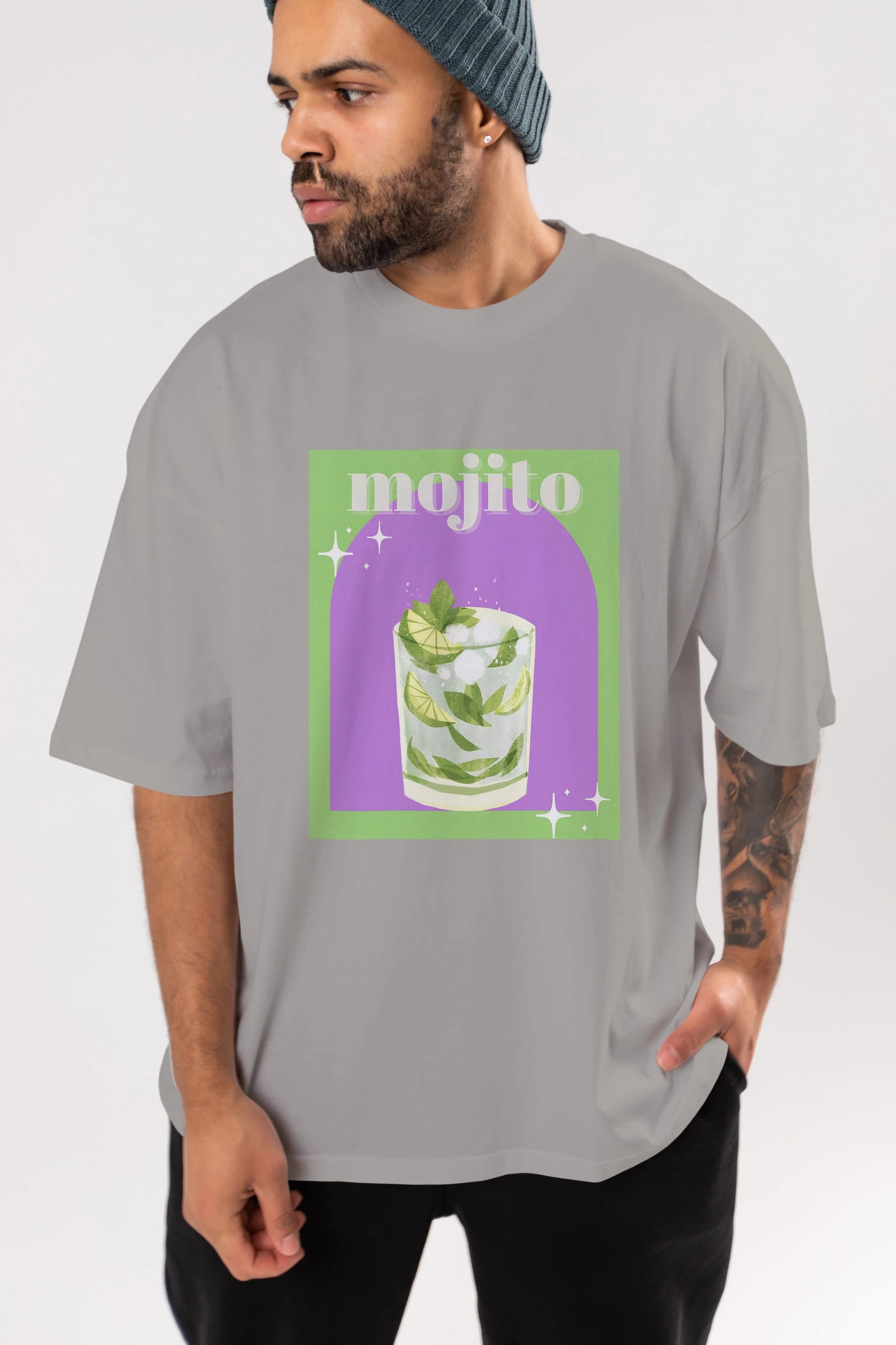Mojito 3 Ön Baskılı Oversize t-shirt Erkek Kadın Unisex %100 Pamuk Bisiklet Yaka tişort
