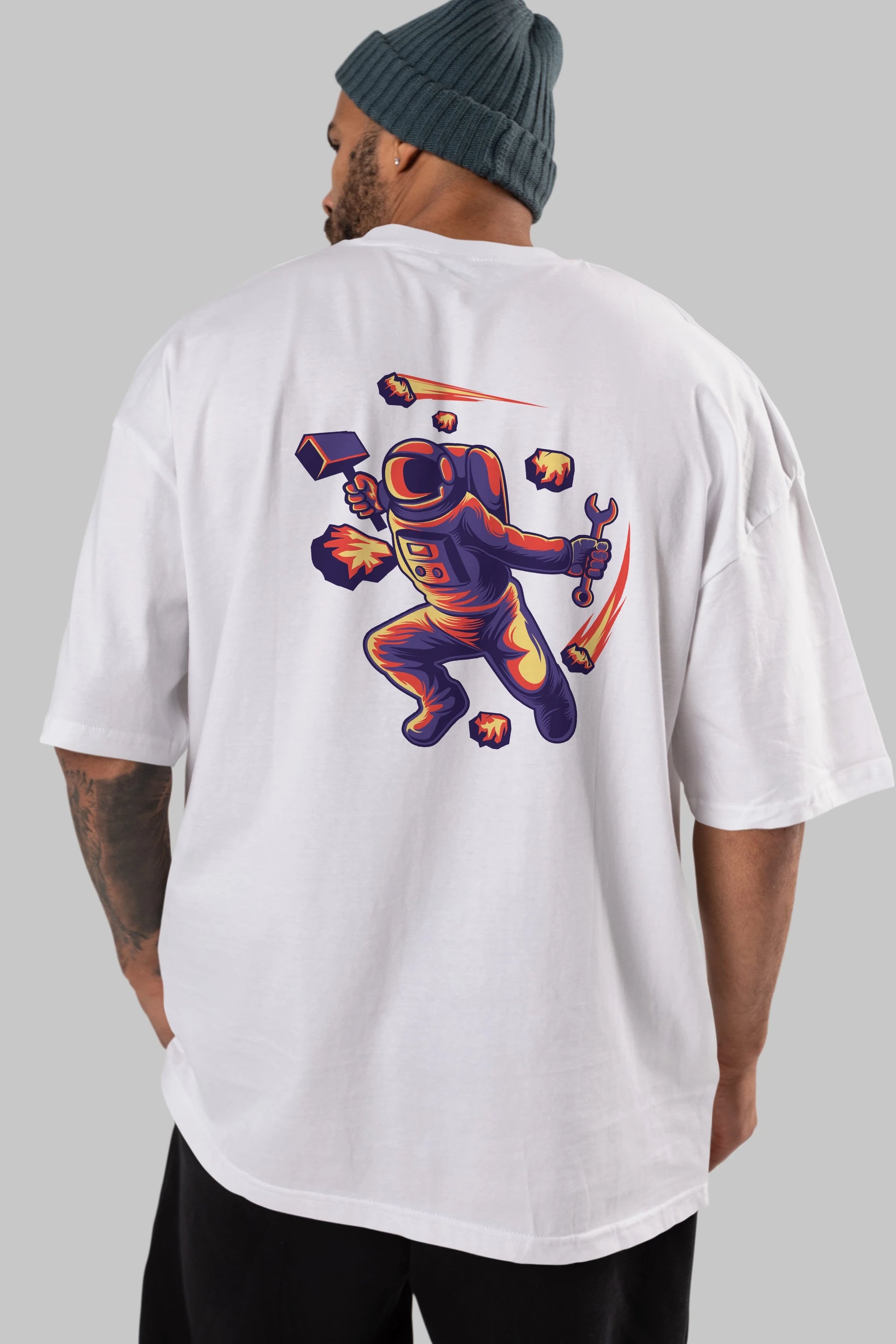 Astronaut Block Meteor Arka Baskılı Oversize t-shirt Erkek Kadın Unisex