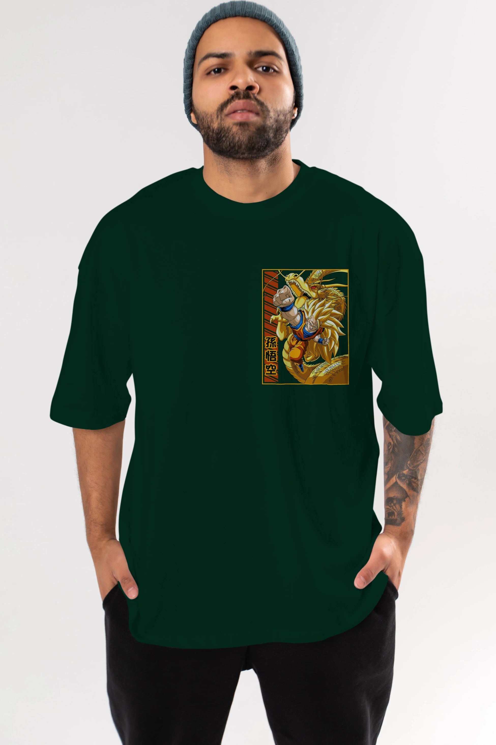 DragonBall Goku Ön Sol Baskılı Oversize t-shirt Erkek Kadın Unisex %100 Pamuk Bisiklet Yaka tişort
