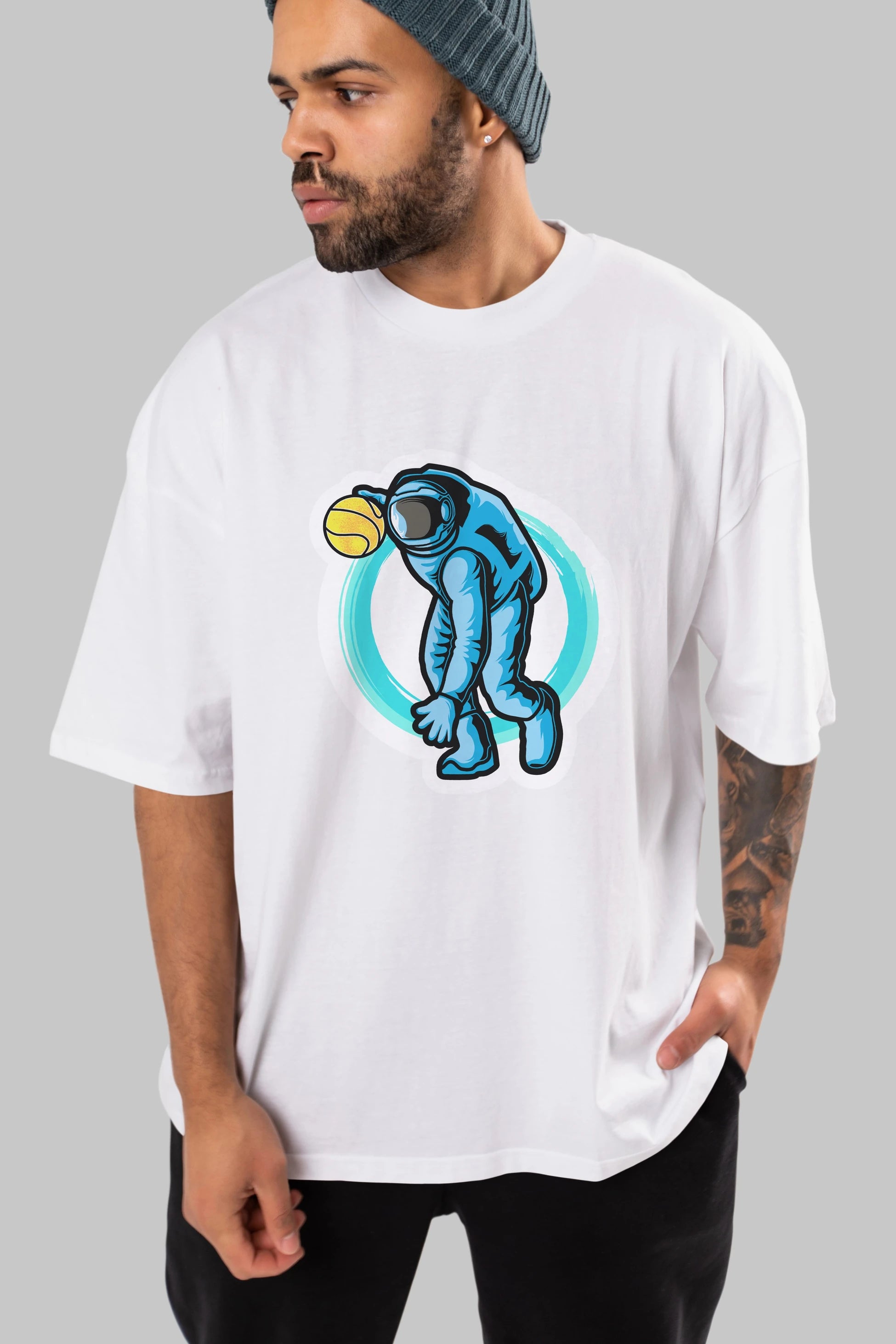Astronaut Dribble Sticker Ön Baskılı Oversize t-shirt Erkek Kadın Unisex