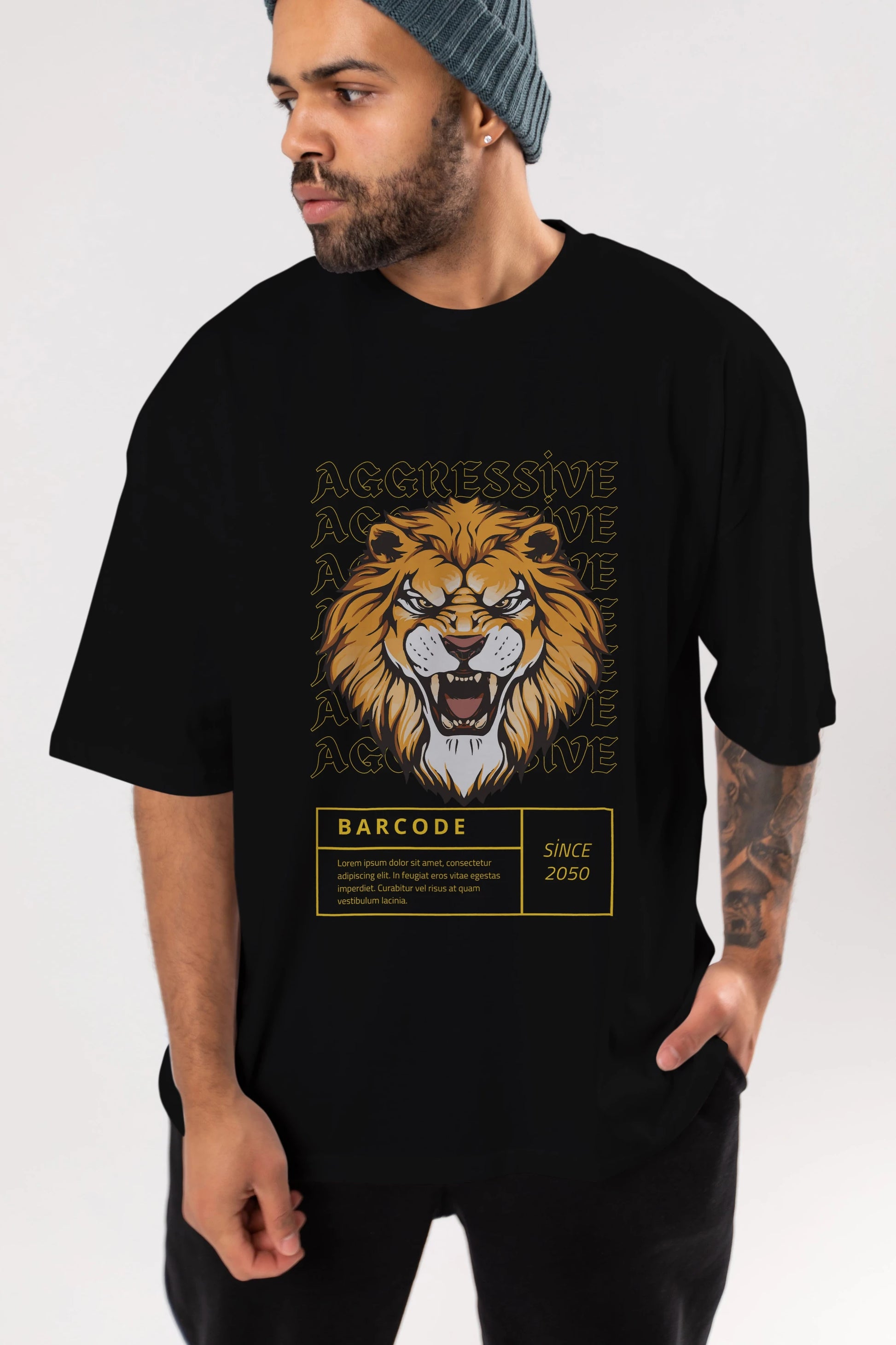 Aggressive Lion Ön Baskılı Oversize t-shirt Erkek Kadın Unisex