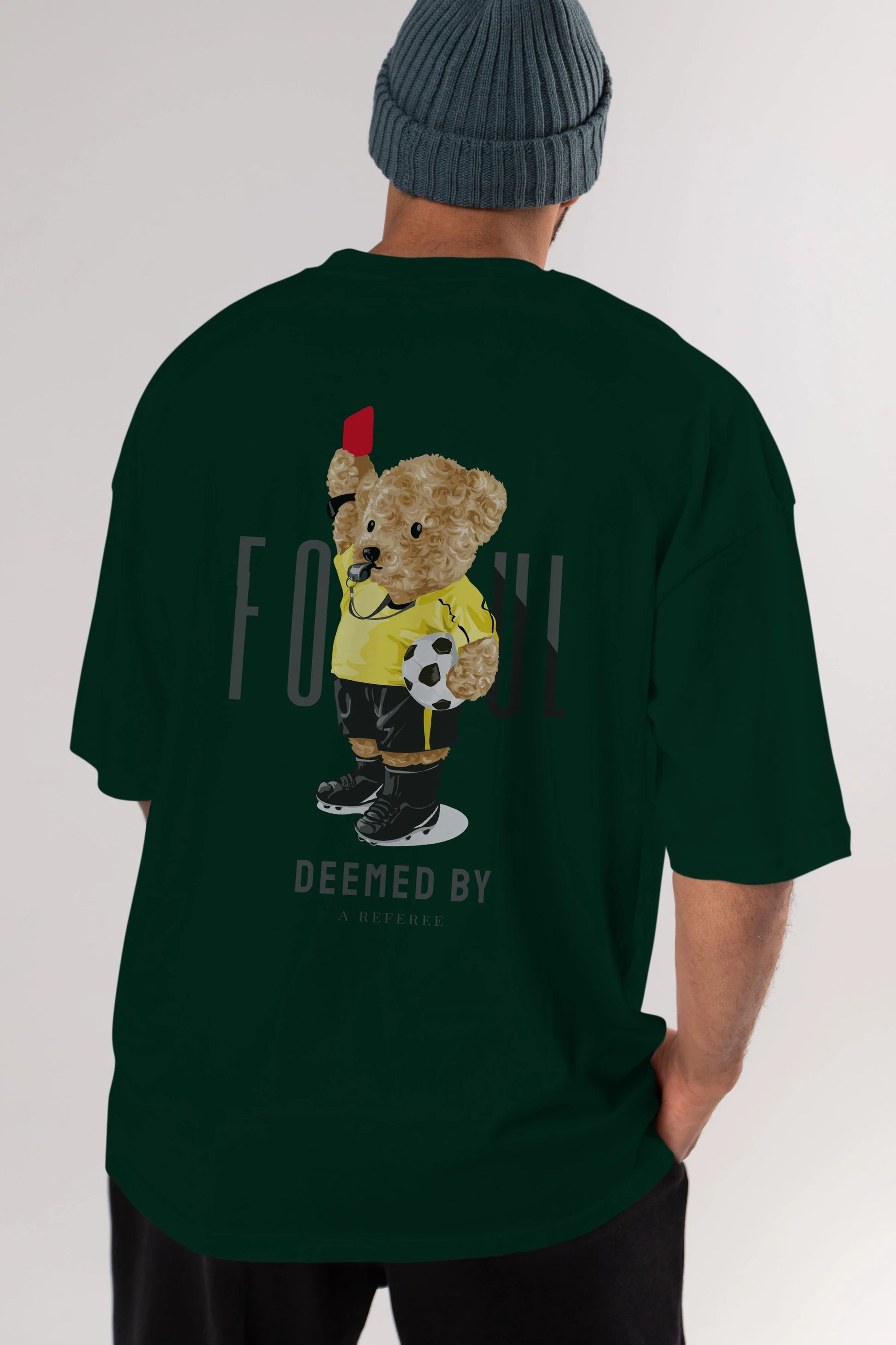Teddy Bear Kırmızı Kart Arka Baskılı Oversize t-shirt Erkek Kadın Unisex %100 Pamuk