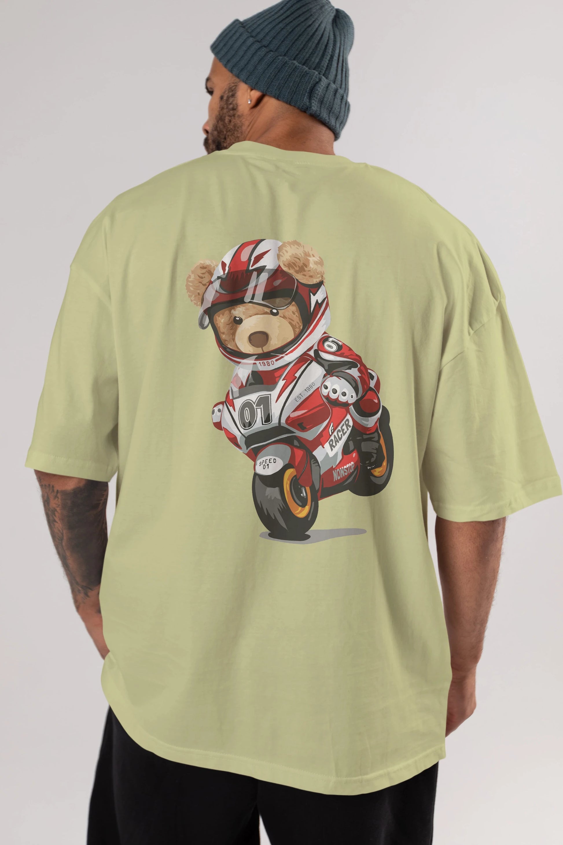 Teddy Bear Racer Arka Baskılı Oversize t-shirt Erkek Kadın Unisex %100 Pamuk