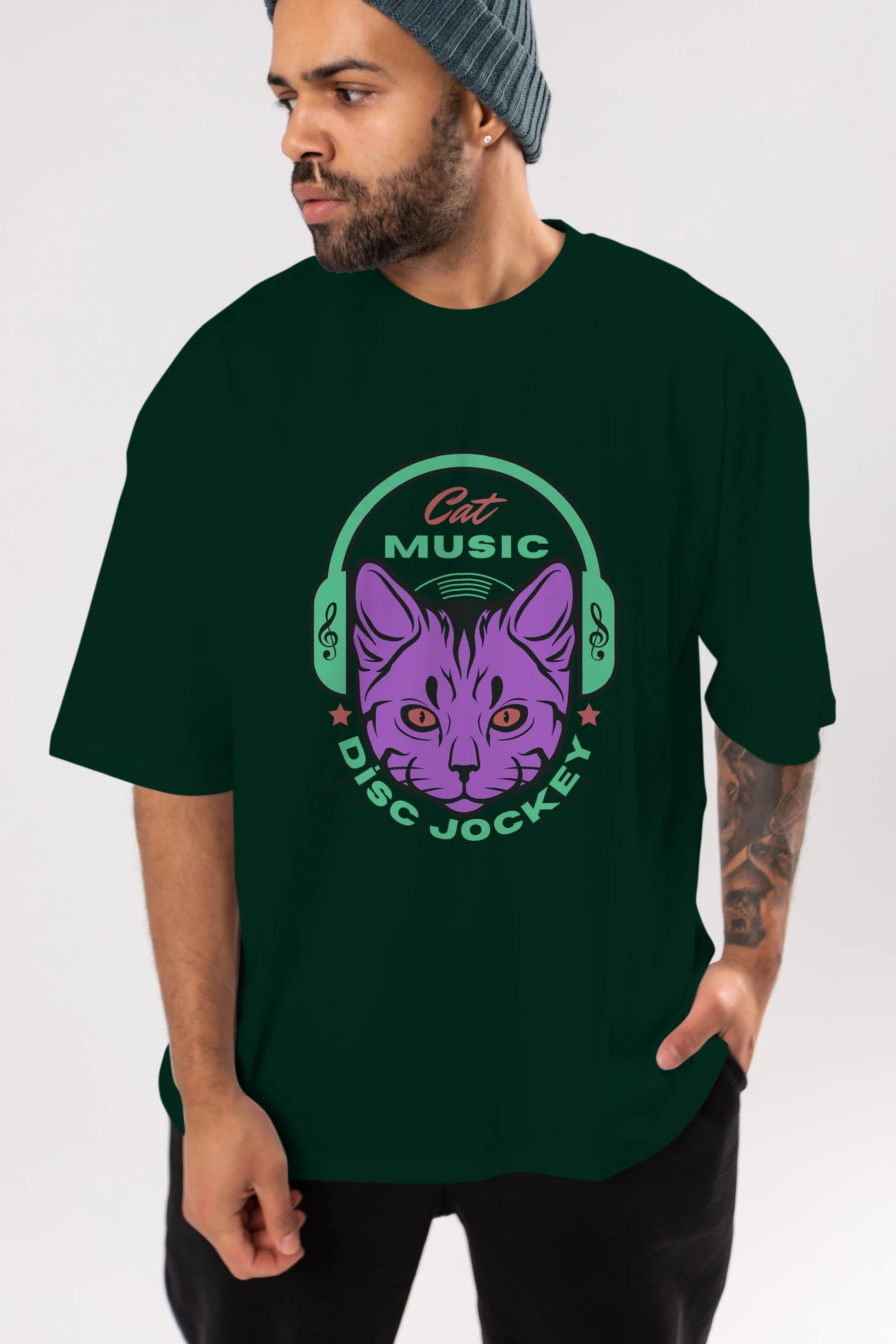 Cat Music Ön Baskılı Oversize t-shirt Erkek Kadın Unisex