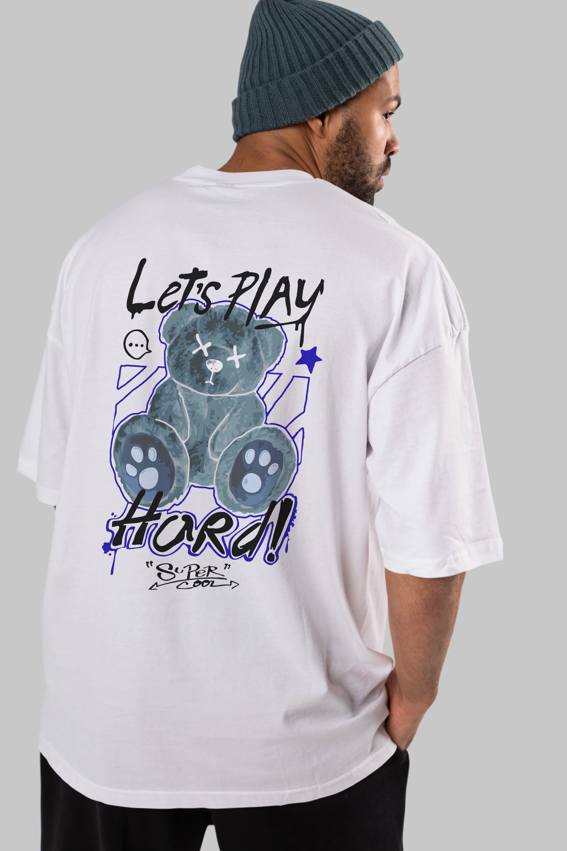 Lets Play Hard Bear Arka Baskılı Oversize t-shirt Erkek Kadın Unisex