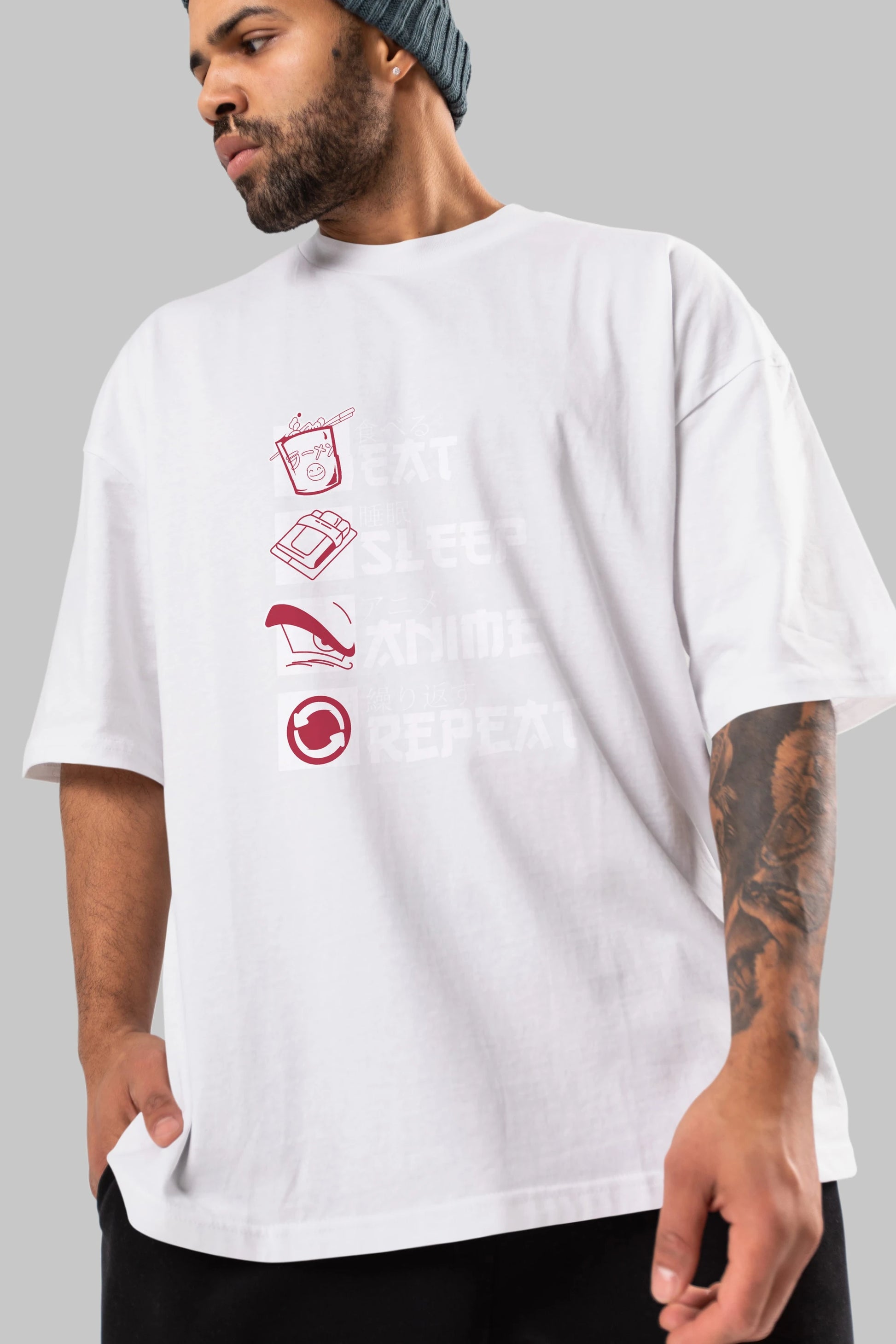 Eat, Sleep, Anime, Repeat Anime Ön Baskılı Oversize t-shirt %100 pamuk Erkek Kadın Unisex