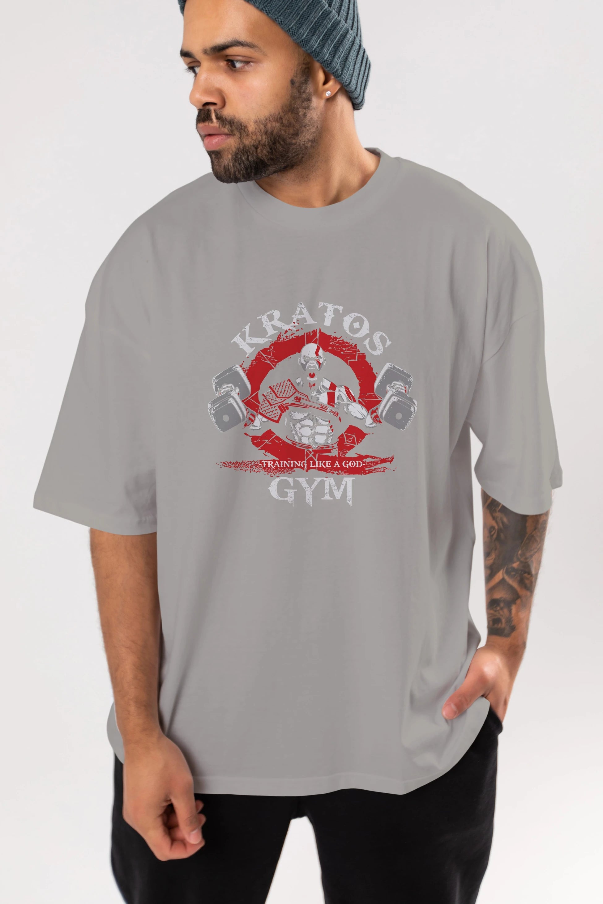 Kratos GYM Ön Baskılı Oversize t-shirt Erkek Kadın Unisex %100 Pamuk Bisiklet Yaka tişort
