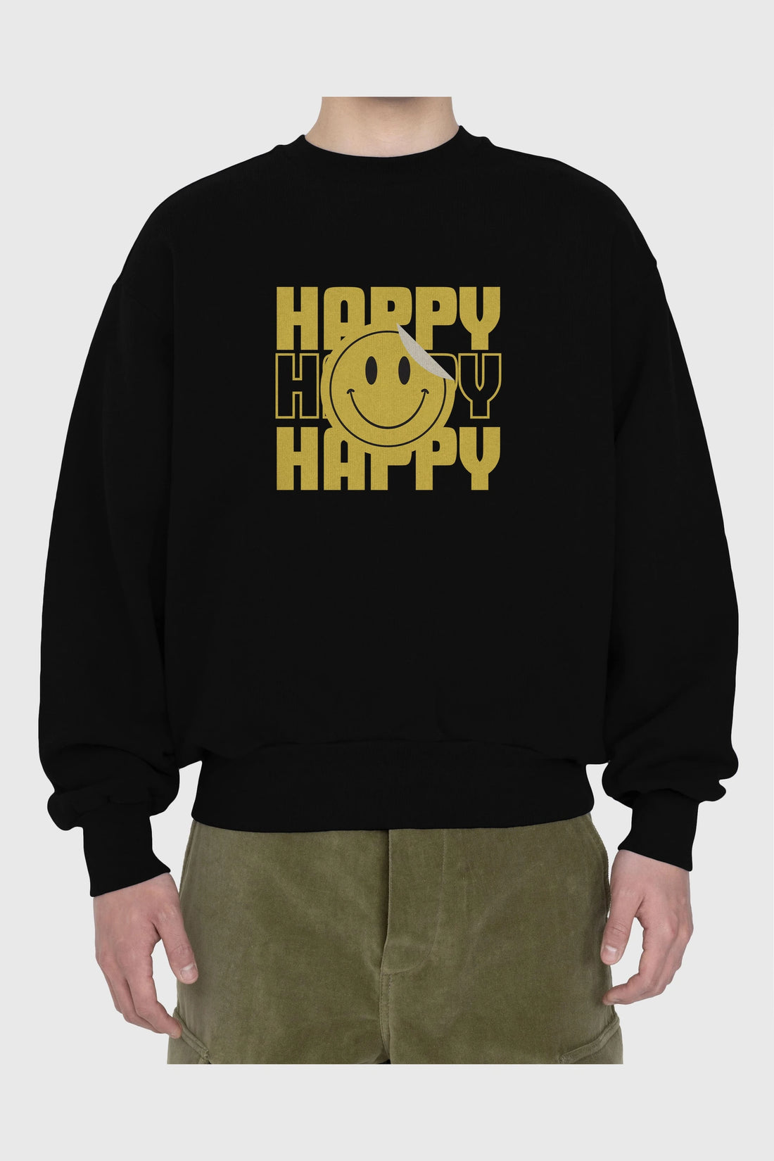 Happy Smile Yazılı Ön Baskılı Oversize Sweatshirt Erkek Kadın Unisex