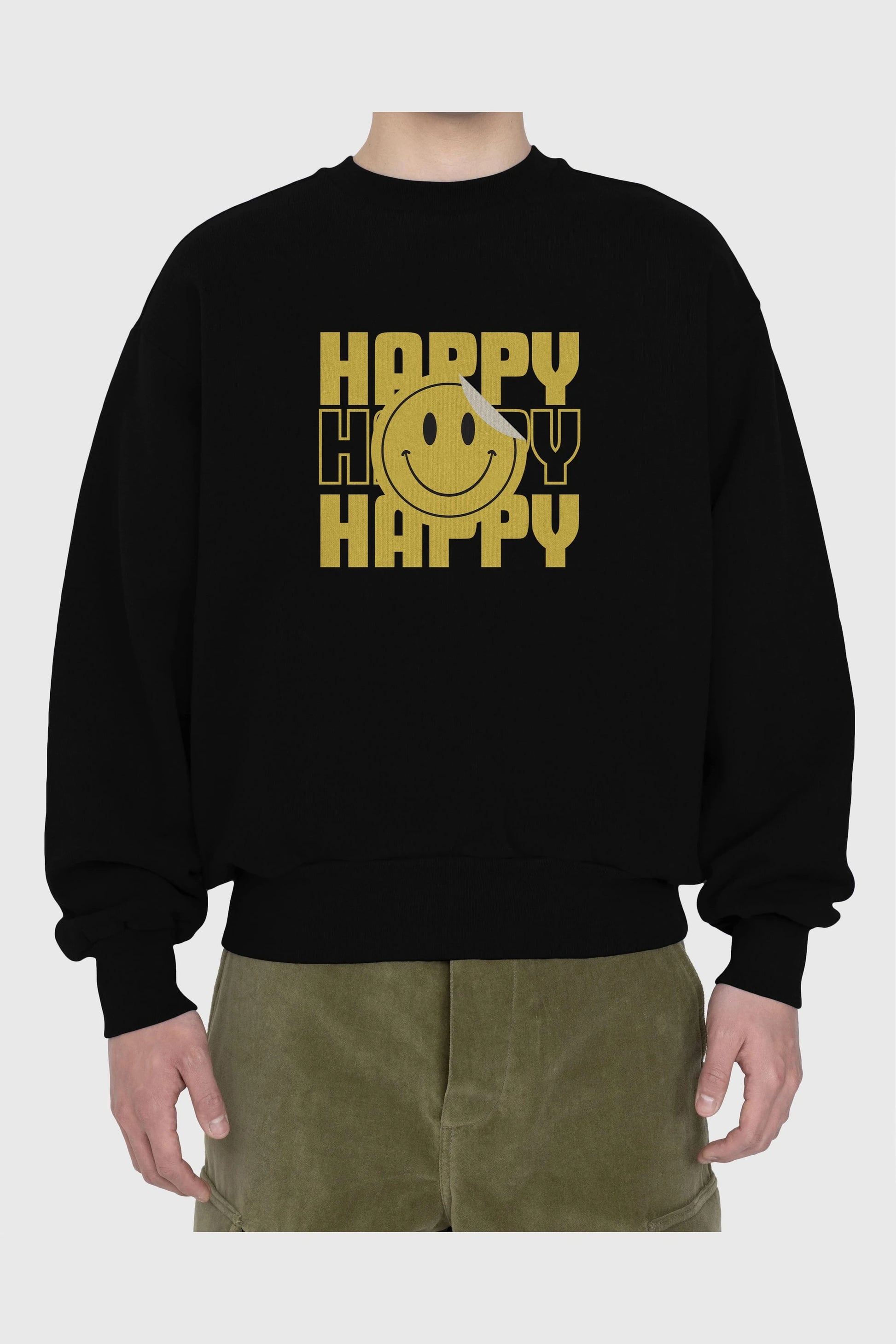 Happy Smile Yazılı Ön Baskılı Oversize Sweatshirt Erkek Kadın Unisex