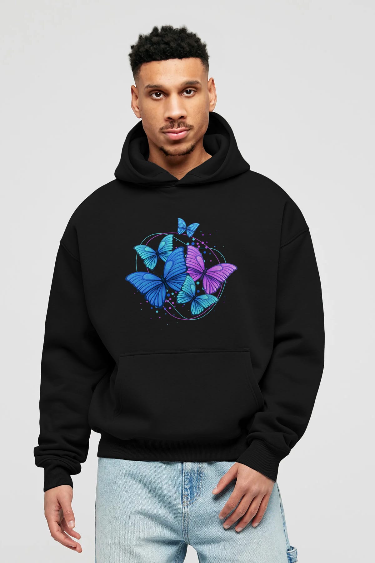 Kelebek Ön Baskılı Oversize Hoodie Kapüşonlu Sweatshirt Erkek Kadın Unisex