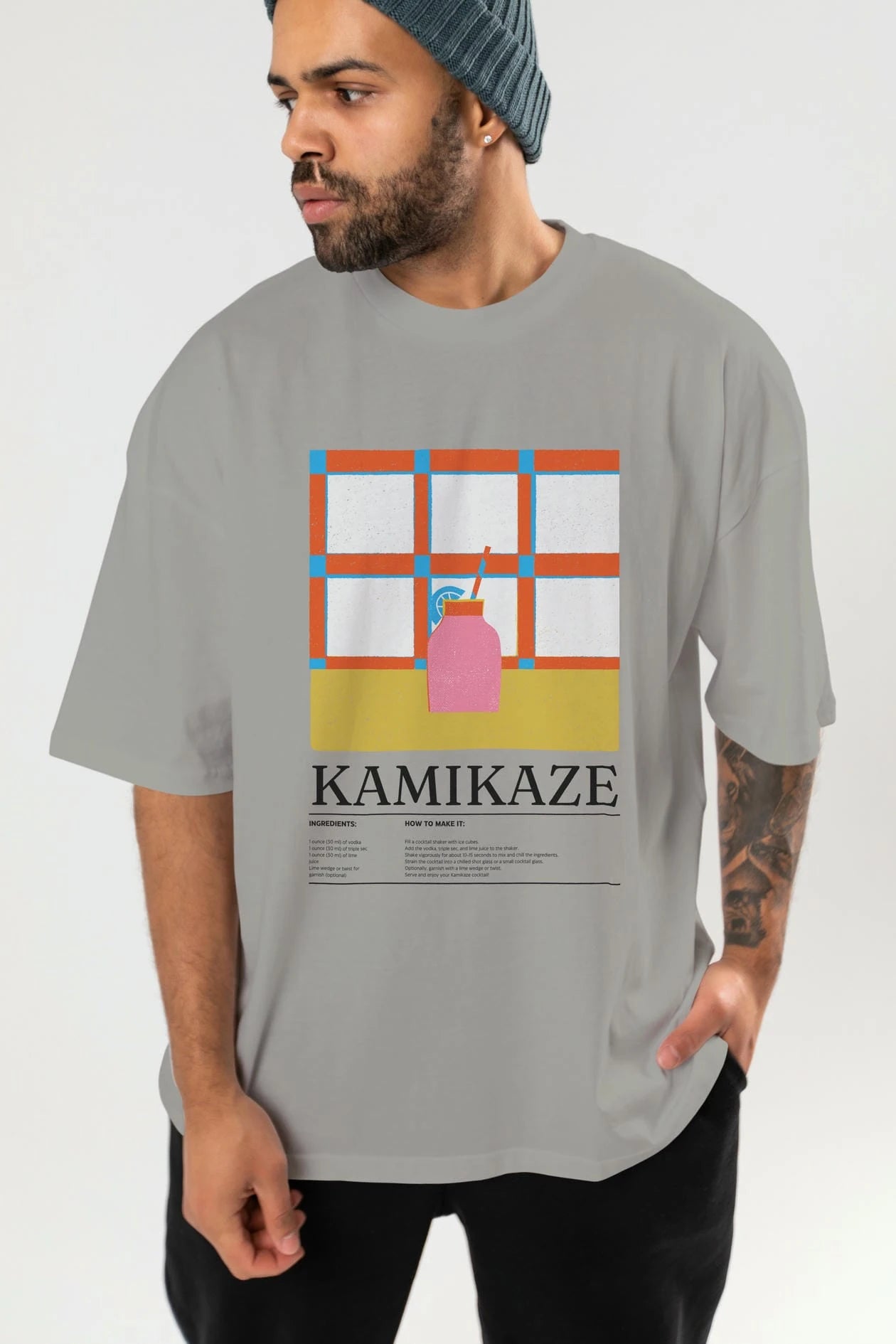 Kamikaze Kokteyl Ön Baskılı Oversize t-shirt Erkek Kadın %100 Pamuk Bisiklet Yaka tişort