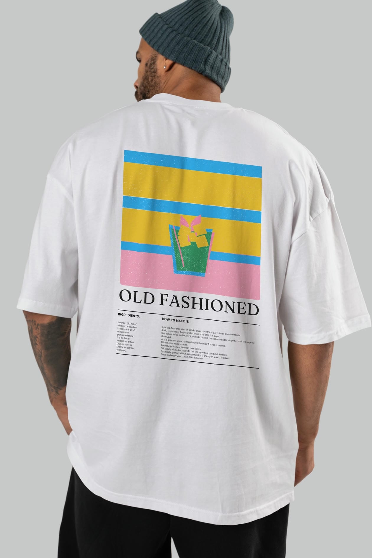 Old Fashioned Kokteyl Serisi Arka Baskılı Oversize t-shirt Erkek Kadın %100 Pamuk Bisiklet Yaka tişort