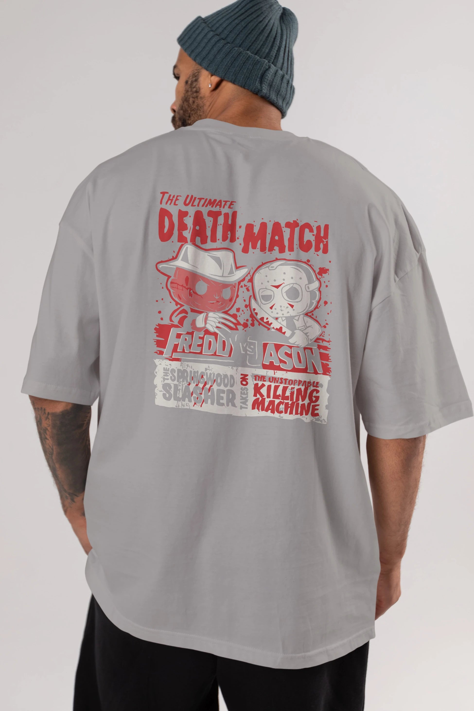 Freddy vs Jason Arka Baskılı Oversize t-shirt Erkek Kadın Unisex %100 Pamuk Bisiklet Yaka tişort