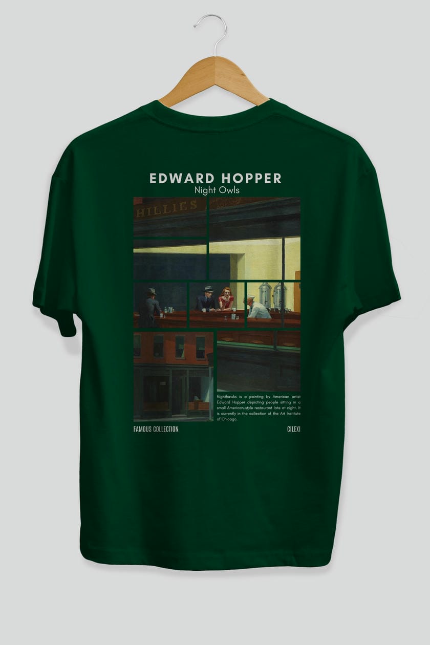 Edward Hopper Night Owls Arka Baskılı Oversize t-shirt Erkek Kadın Bisiklet Yaka Pamuk tişort