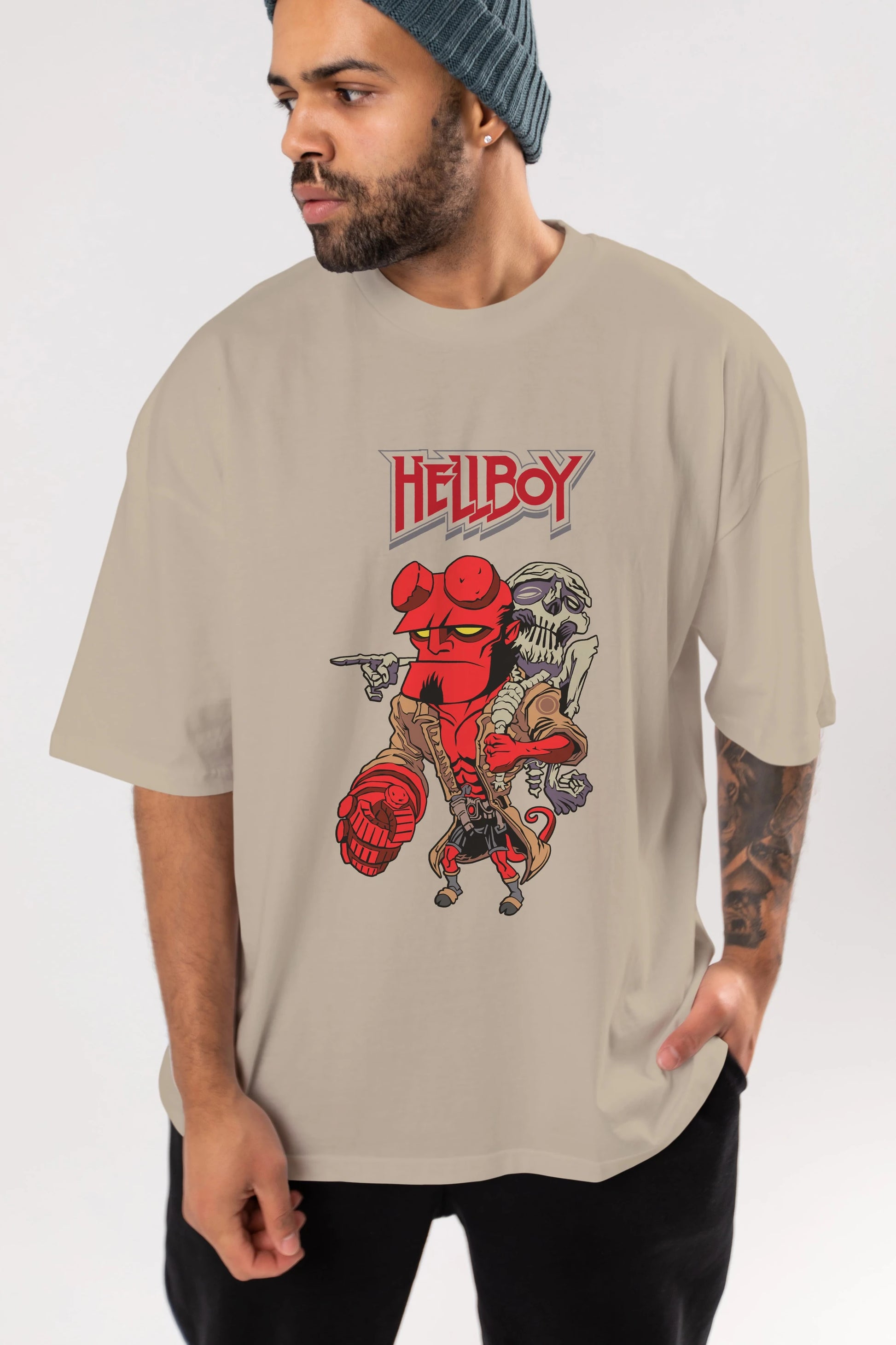 Hellboy (2) Ön Baskılı Oversize t-shirt Erkek Kadın Unisex %100 Pamuk Bisiklet Yaka tişort