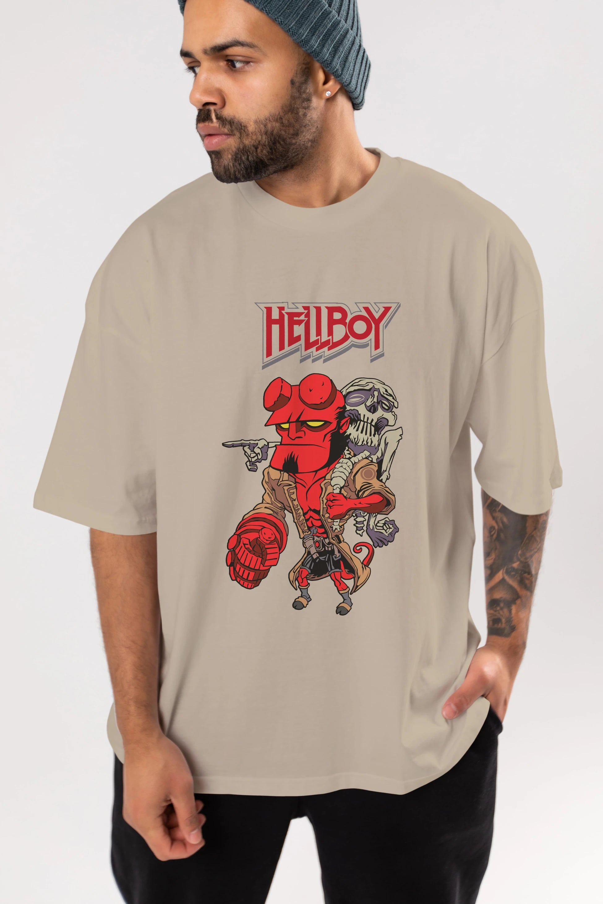 Hellboy (2) Ön Baskılı Oversize t-shirt Erkek Kadın Unisex %100 Pamuk Bisiklet Yaka tişort