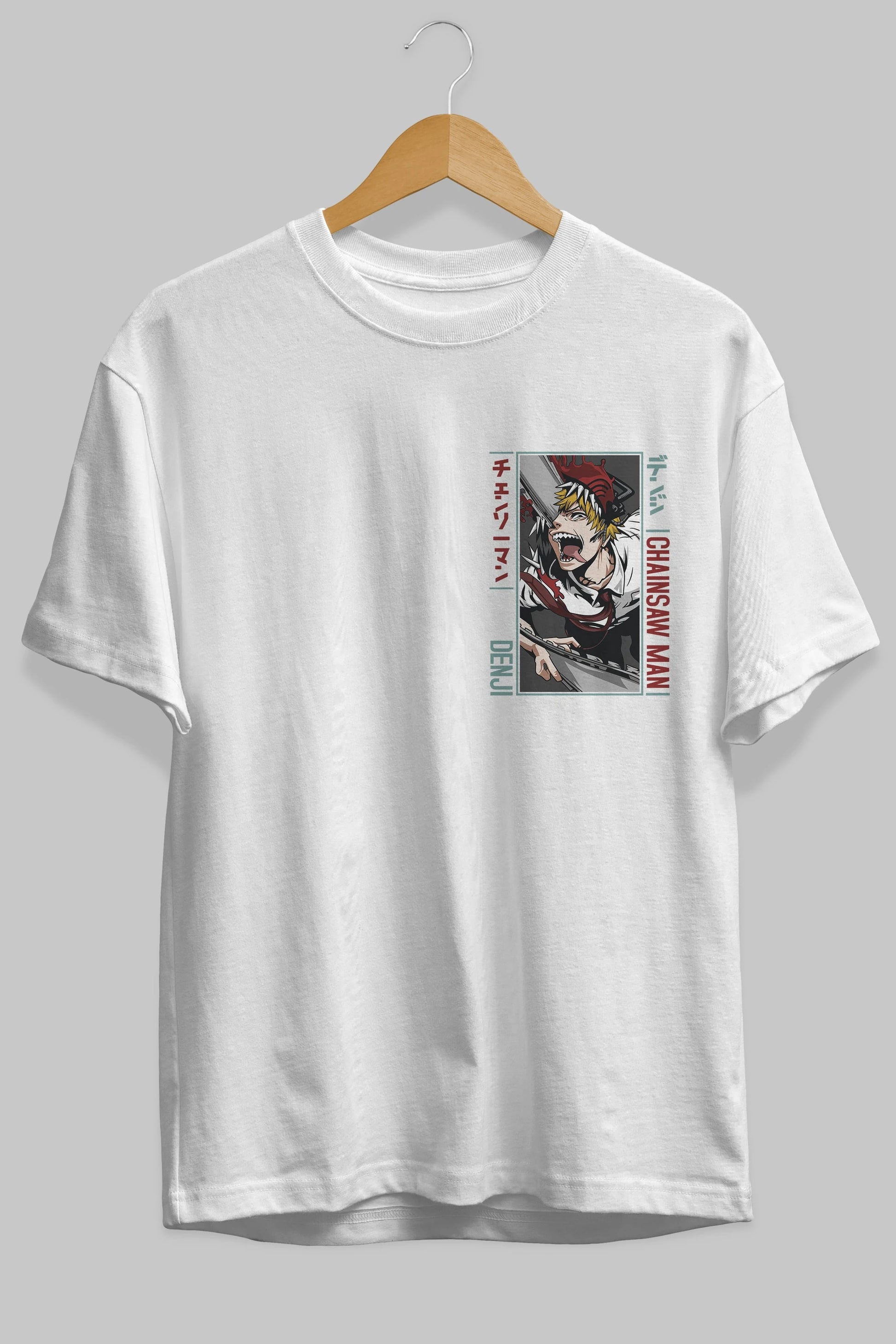 Denji Chainsaw Man Ön Sol Baskılı Oversize t-shirt Erkek Kadın Unisex %100 Pamuk Bisiklet Yaka tişort