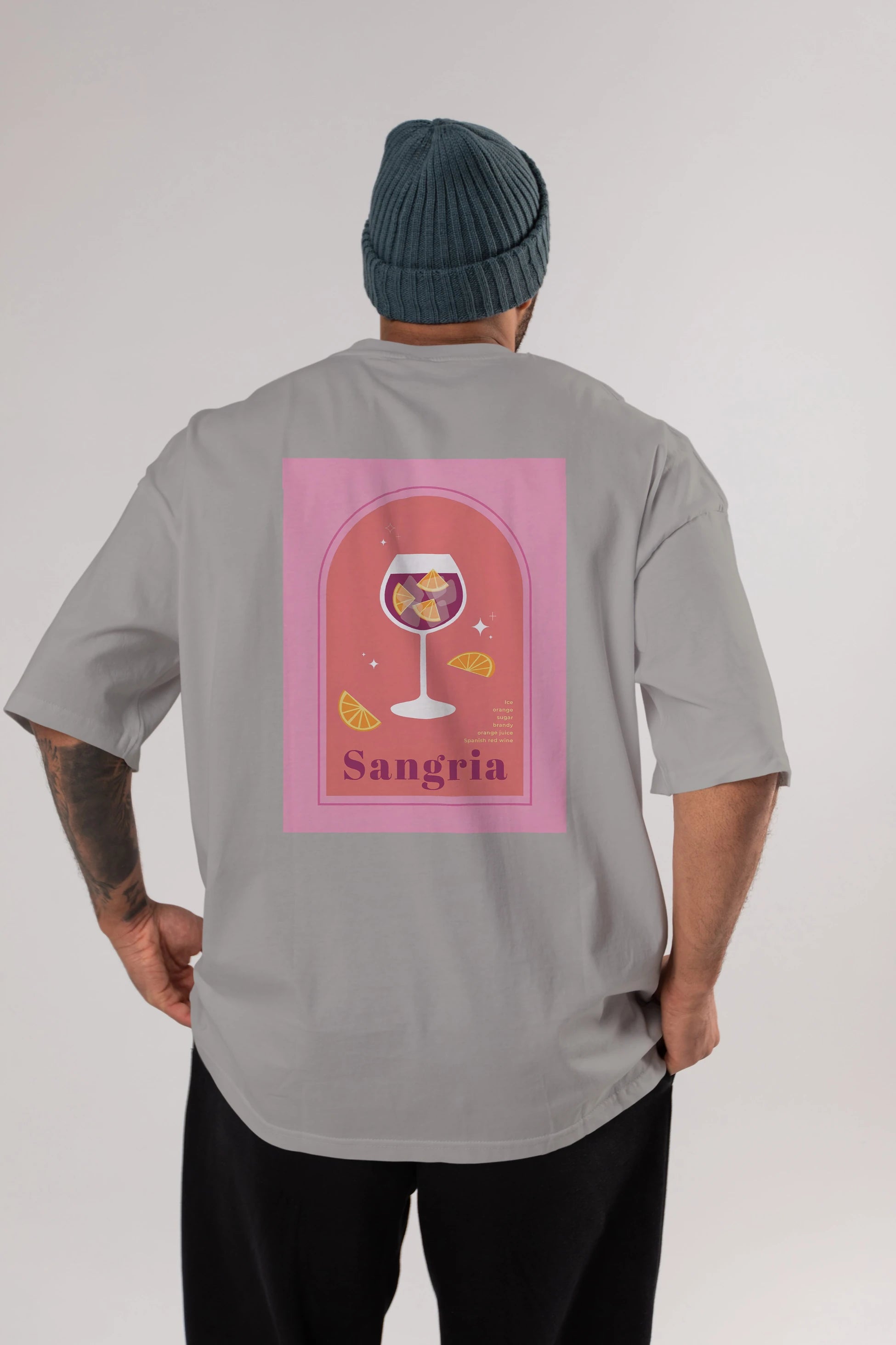 Sangria Arka Baskılı Oversize t-shirt Erkek Kadın Unisex %100 Pamuk Bisiklet Yaka tişort