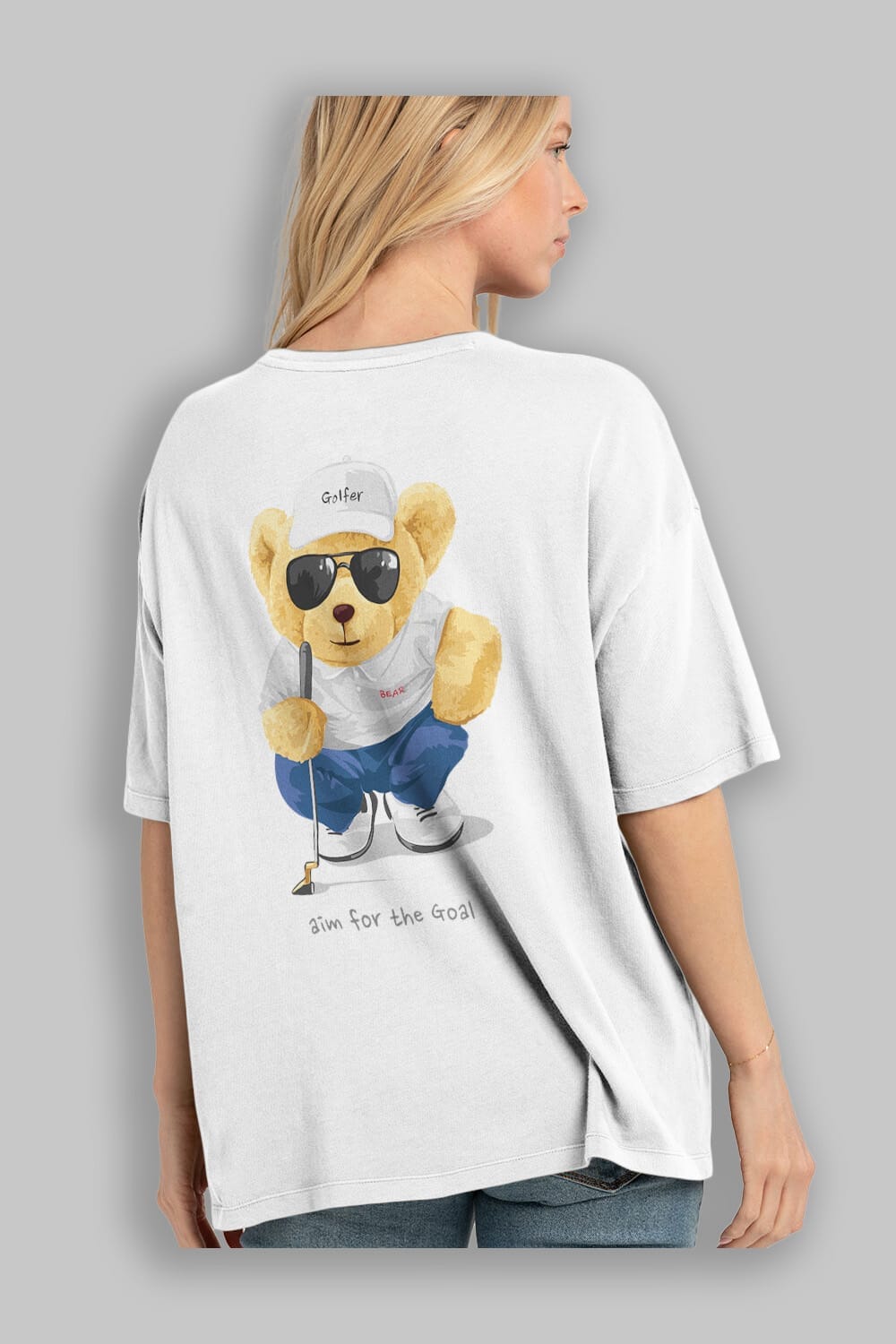 Teddy Bear Golfer Arka Baskılı Oversize t-shirt Erkek Kadın Unisex %100 Pamuk