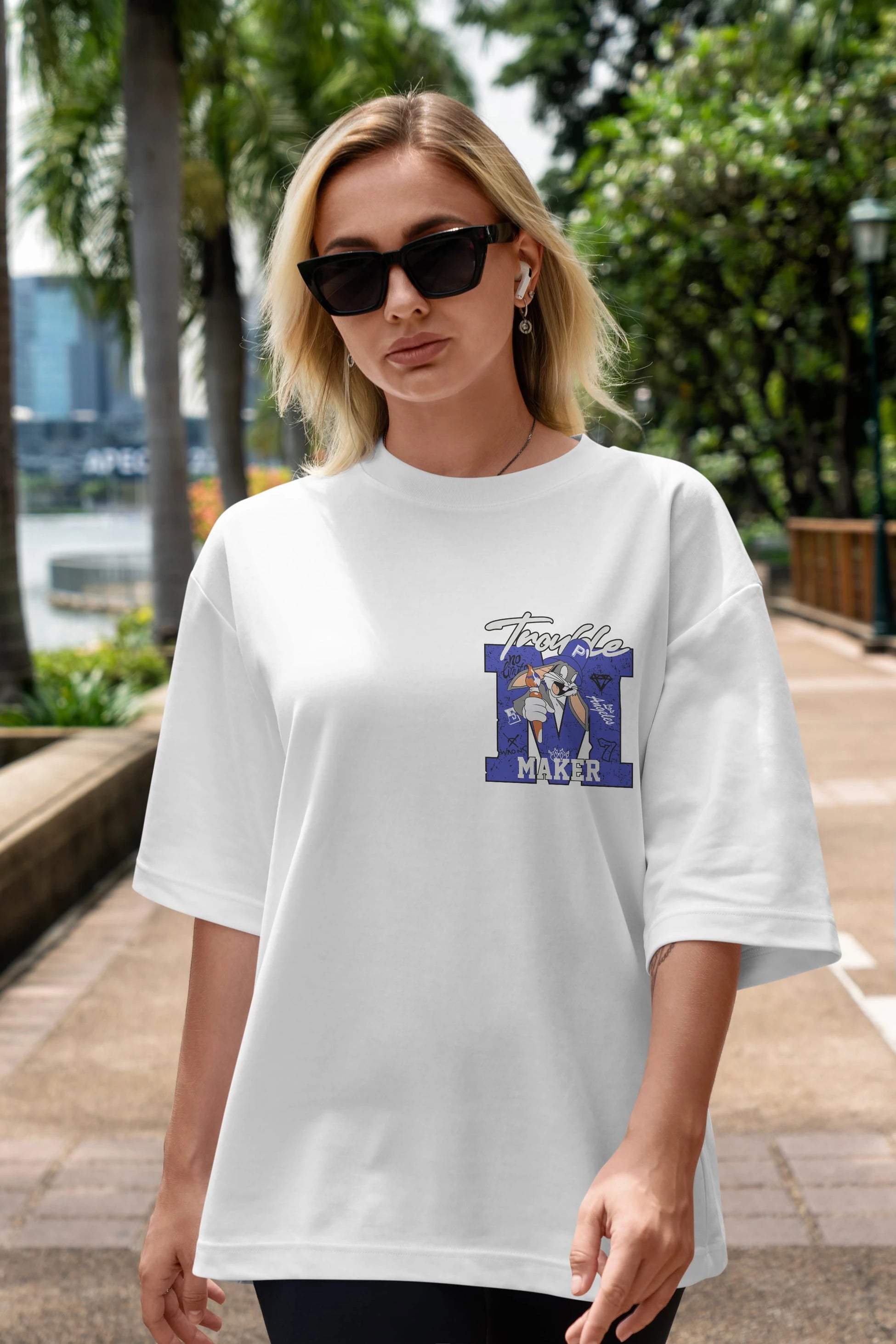Bugs Bunny Ön Sol Baskılı Oversize t-shirt Erkek Kadın Unisex %100 Pamuk Bisiklet Yaka tişort