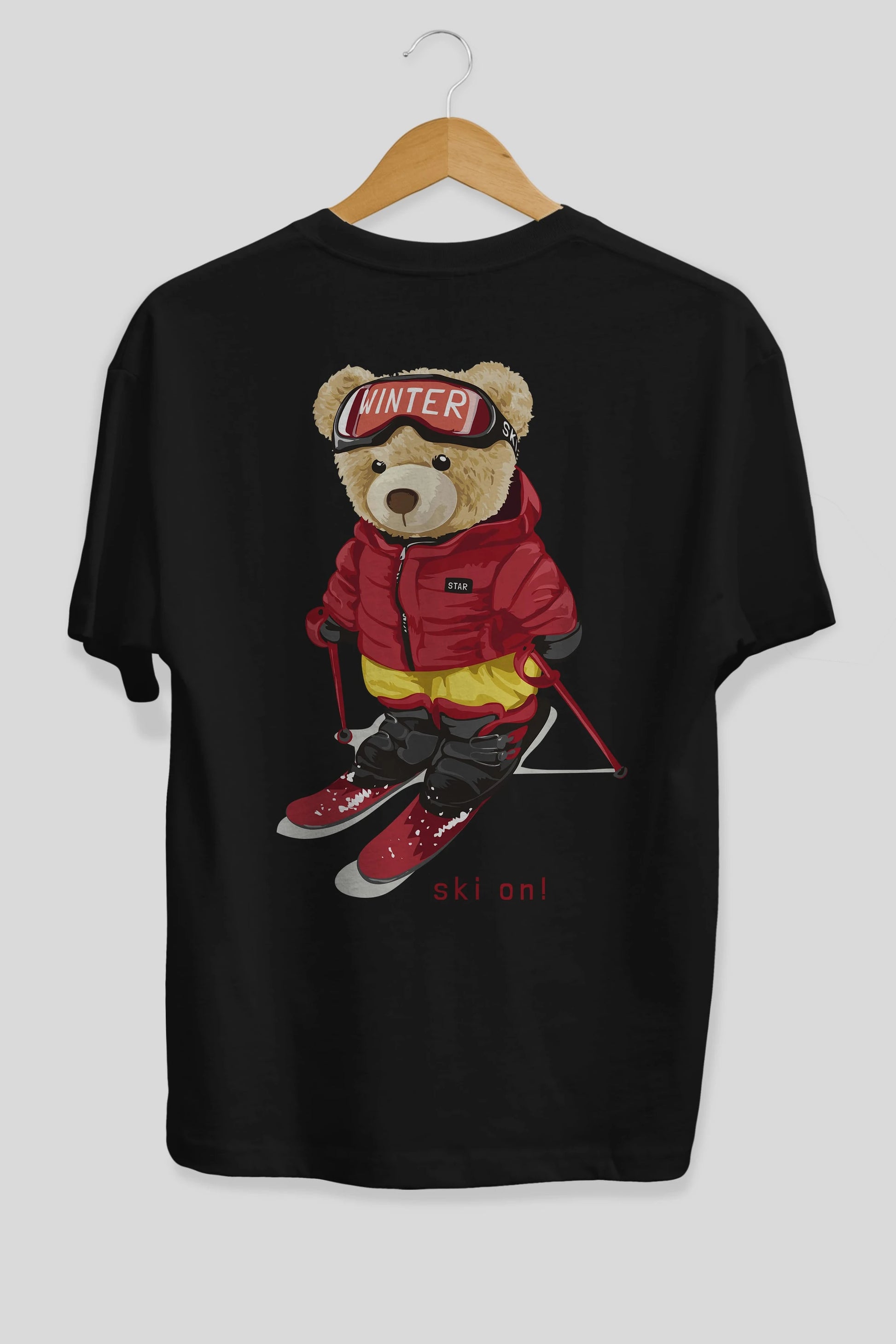 Teddy Bear Ski On Arka Baskılı Oversize t-shirt Erkek Kadın Unisex %100 Pamuk