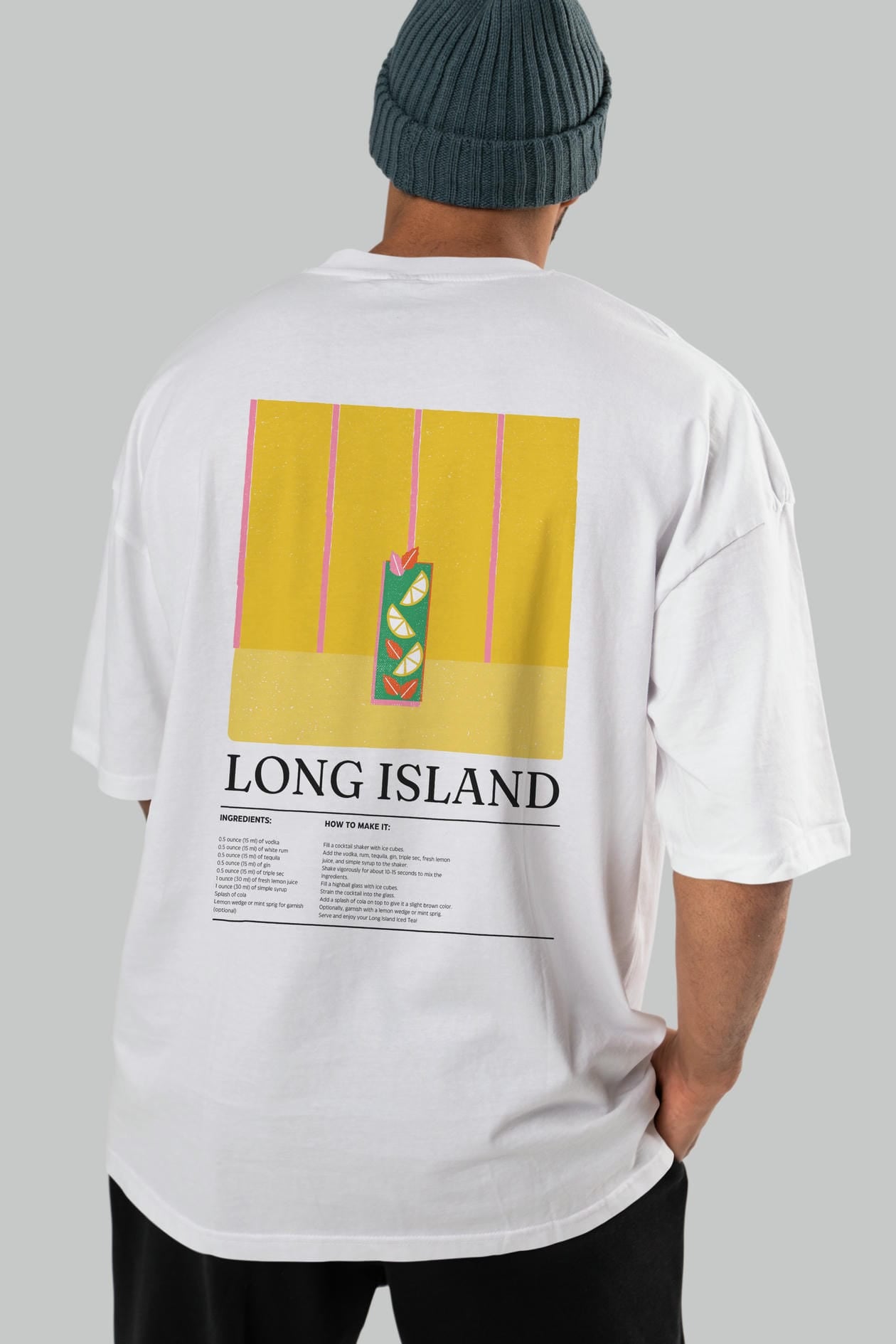 Long Island Kokteyl Serisi Arka Baskılı Oversize t-shirt Erkek Kadın %100 Pamuk Bisiklet Yaka tişort