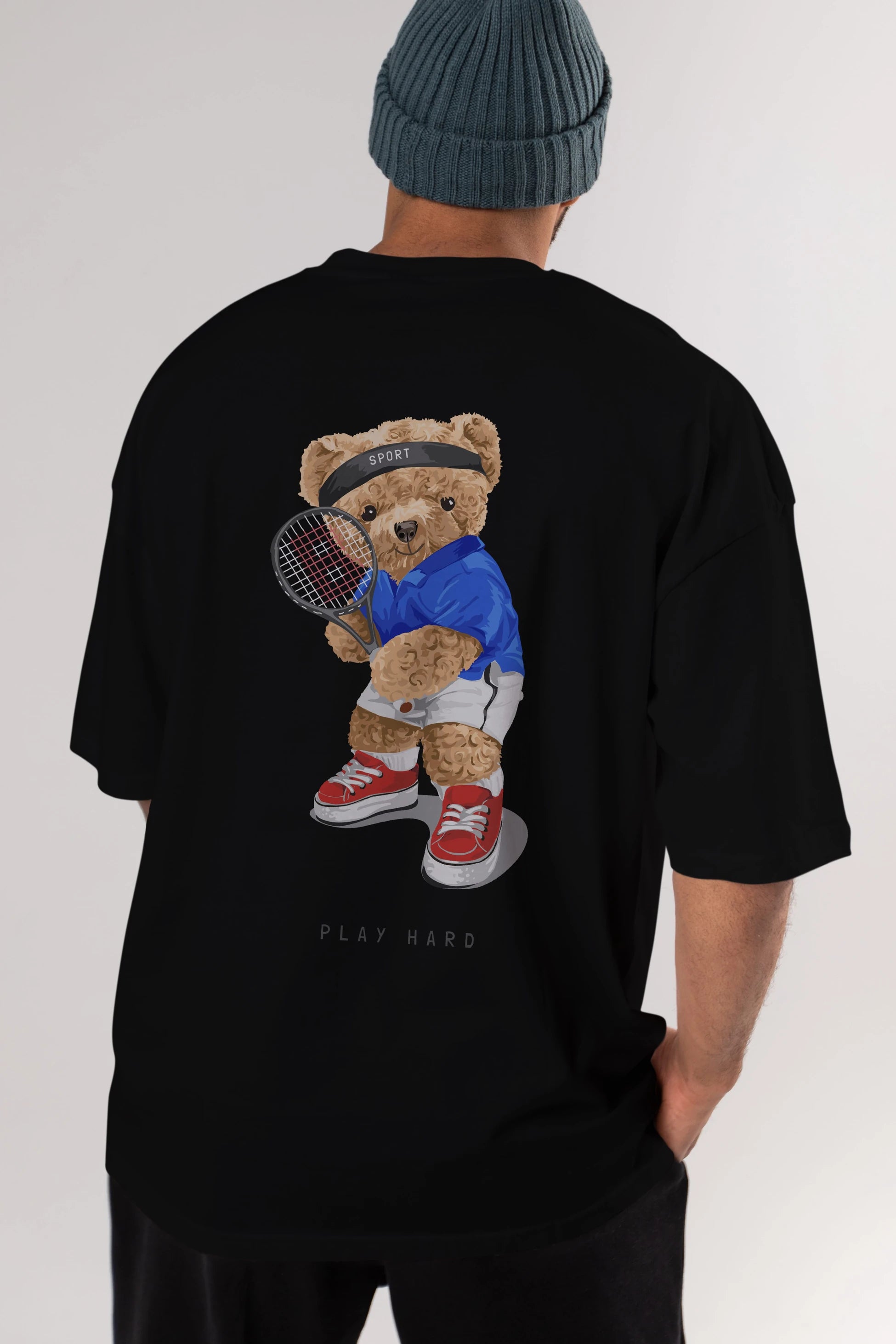 Teddy Bear Play Hard Arka Baskılı Oversize t-shirt Erkek Kadın Unisex %100 Pamuk