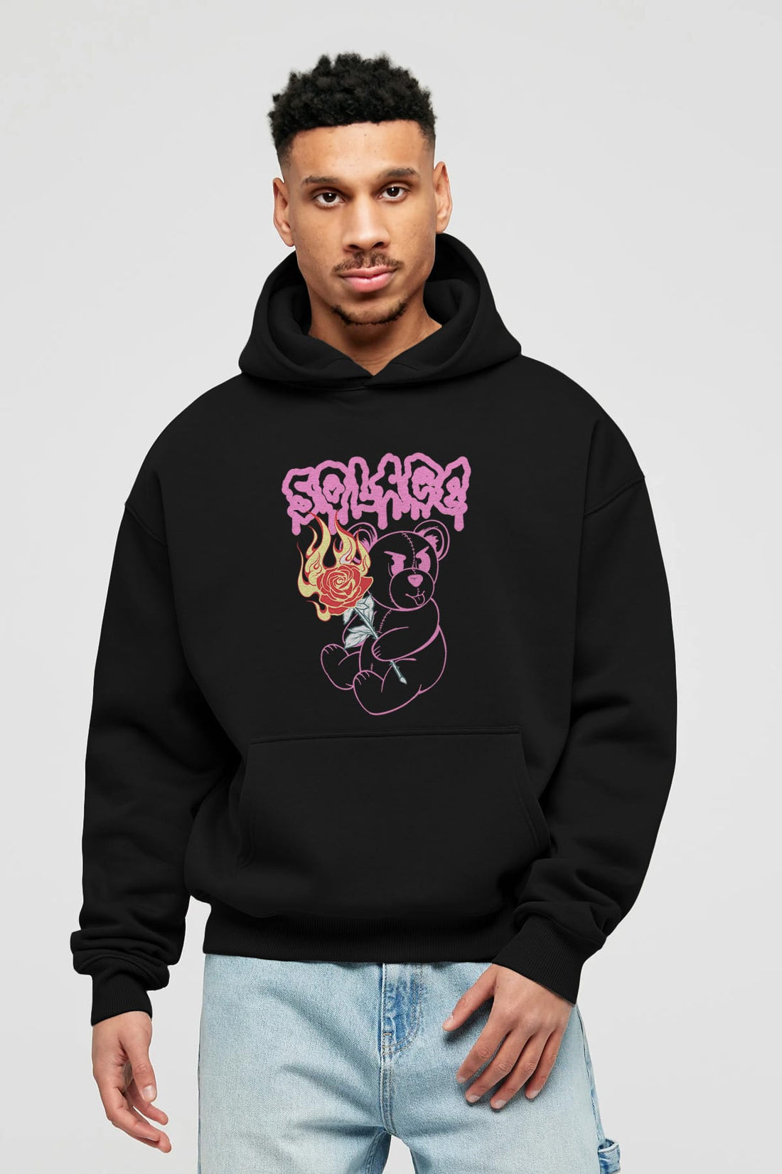 Solage Bear Ön Baskılı Hoodie Oversize Kapüşonlu Sweatshirt Erkek Kadın Unisex