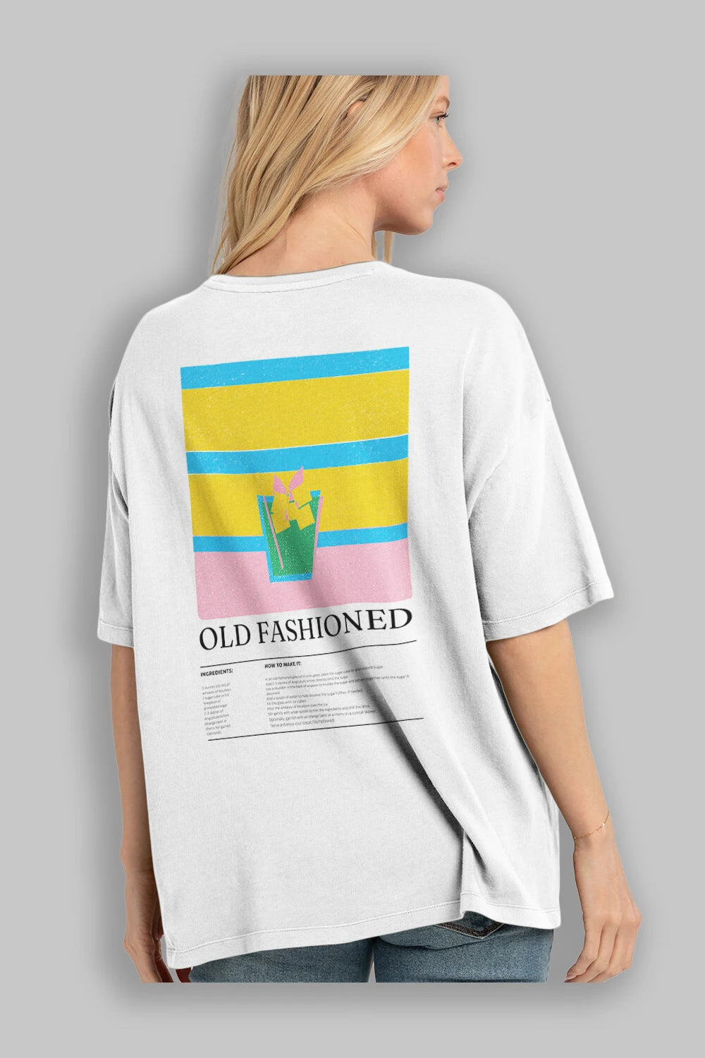 Old Fashioned Kokteyl Serisi Arka Baskılı Oversize t-shirt Erkek Kadın %100 Pamuk Bisiklet Yaka tişort