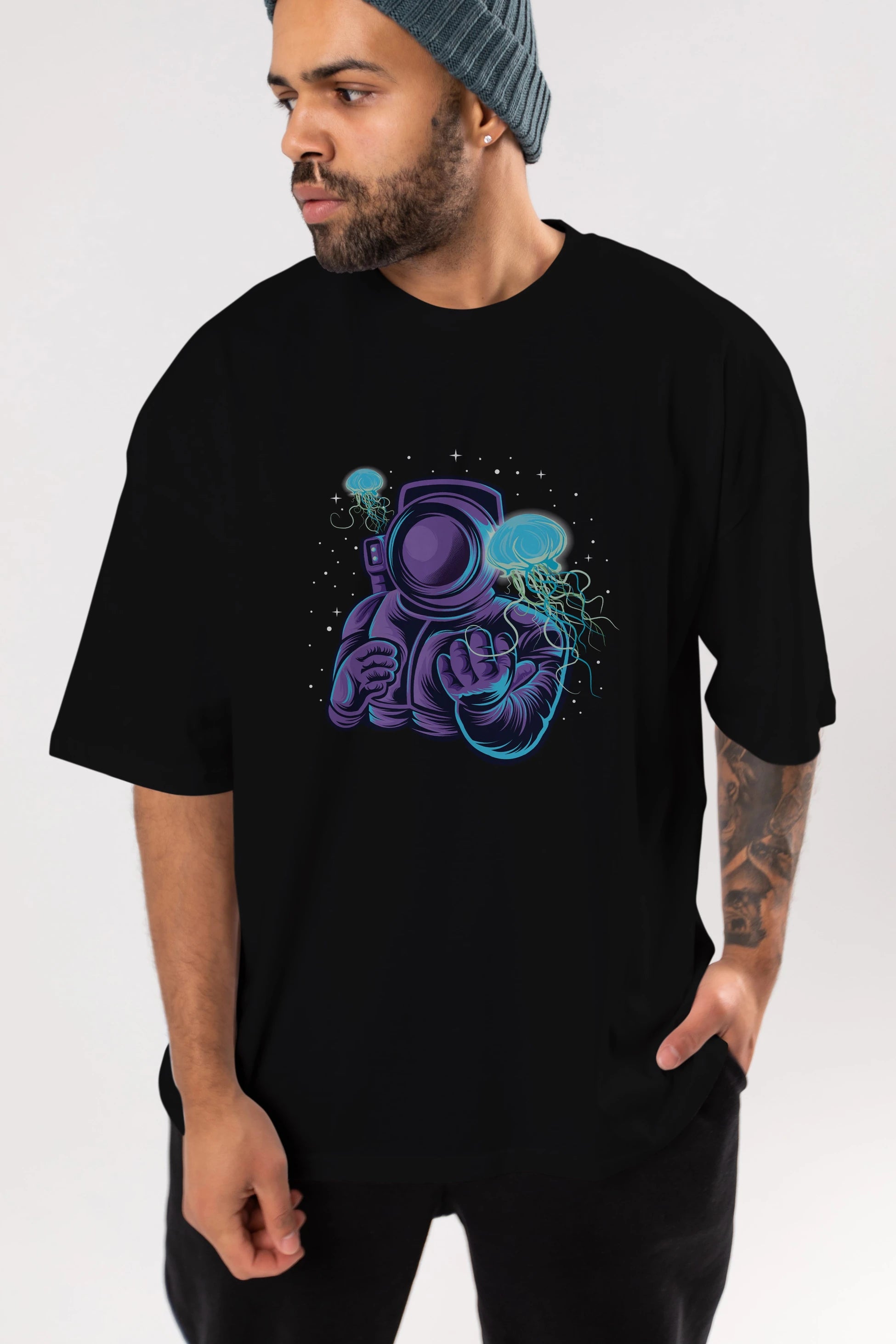 Astronaut and Jellyfish Ön Baskılı Oversize t-shirt Erkek Kadın Unisex