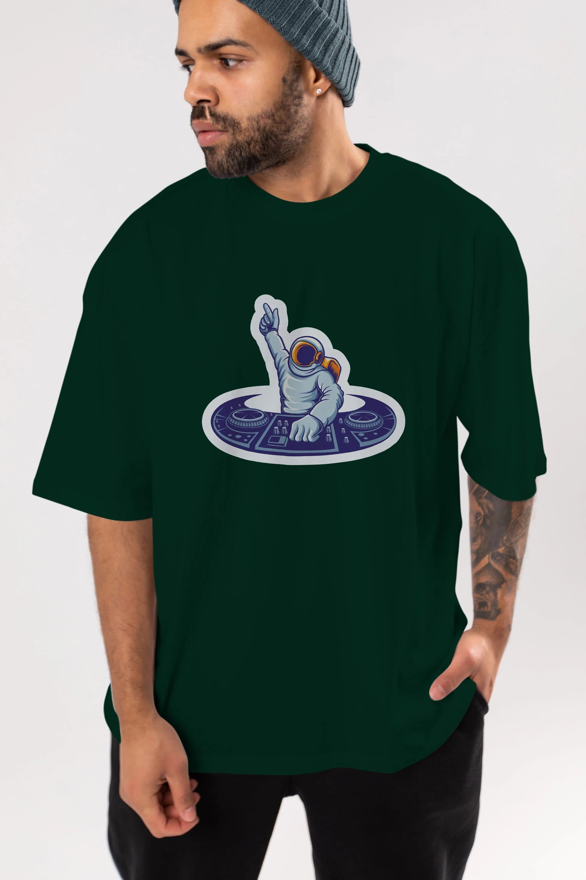 Astronaut Disk Jockey Party Sticker Ön Baskılı Oversize t-shirt Erkek Kadın Unisex